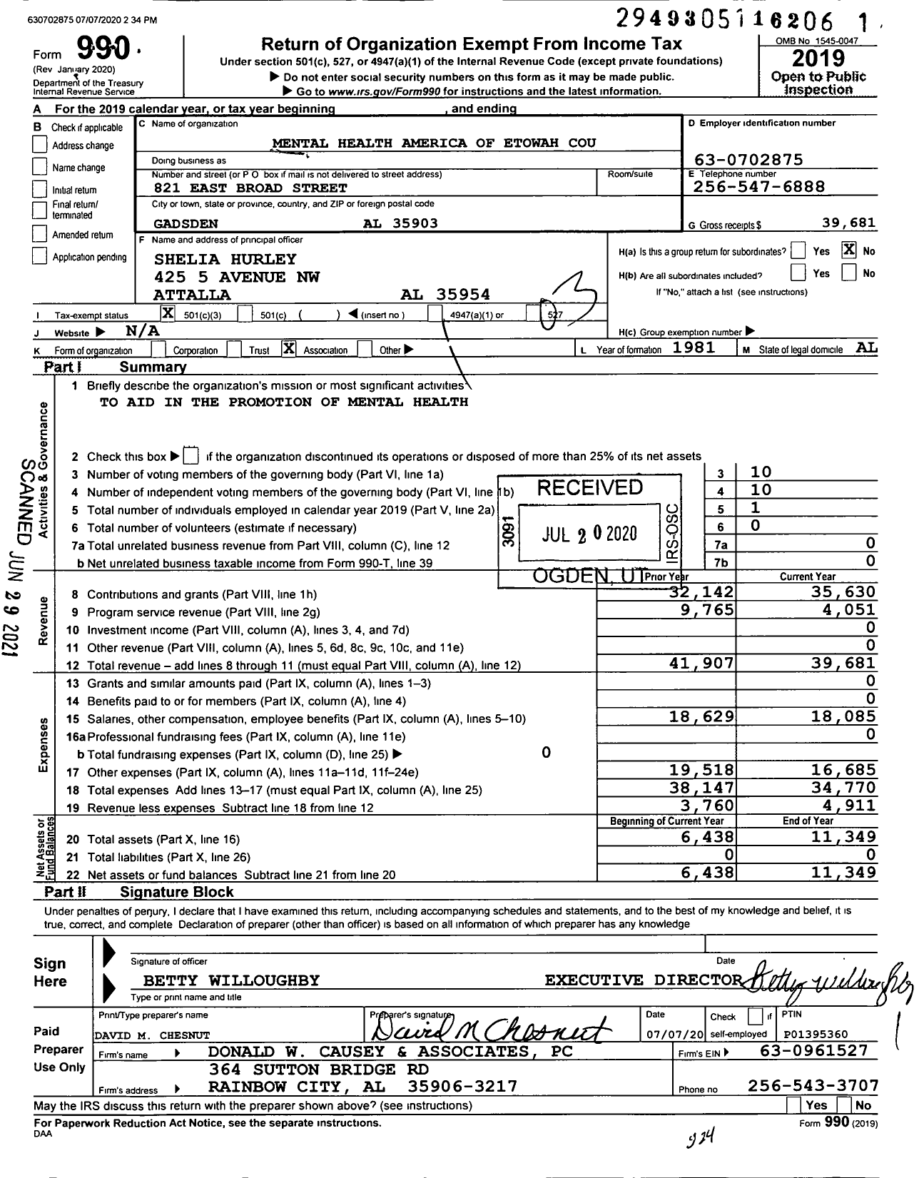 Image of first page of 2019 Form 990 for Mental Health America of Etowah County