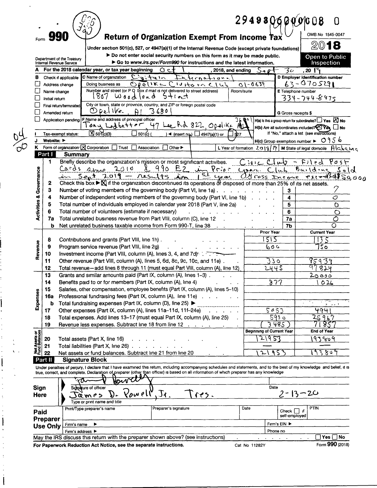 Image of first page of 2018 Form 990O for Civitan International / Opelika Inc Al