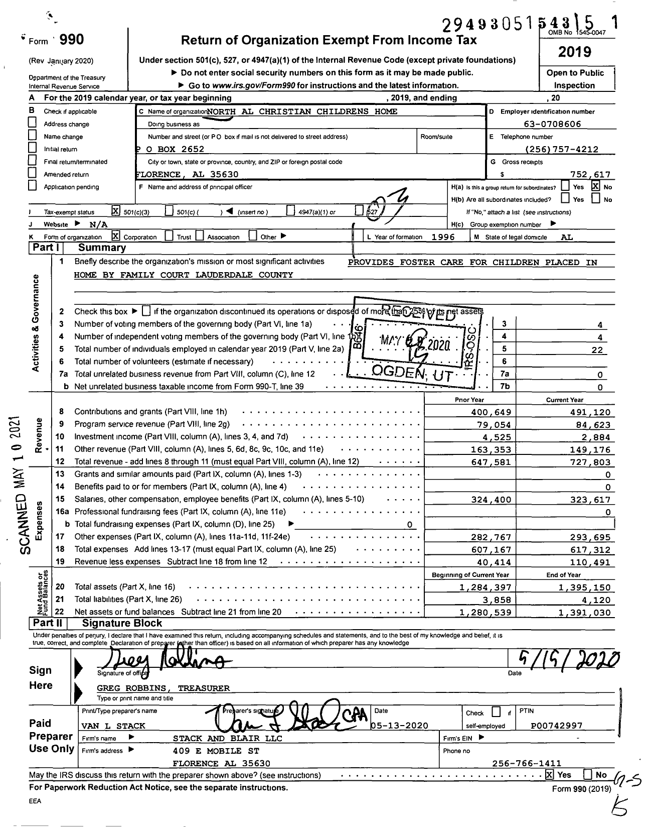 Image of first page of 2019 Form 990 for North Al Christian Childrens Home