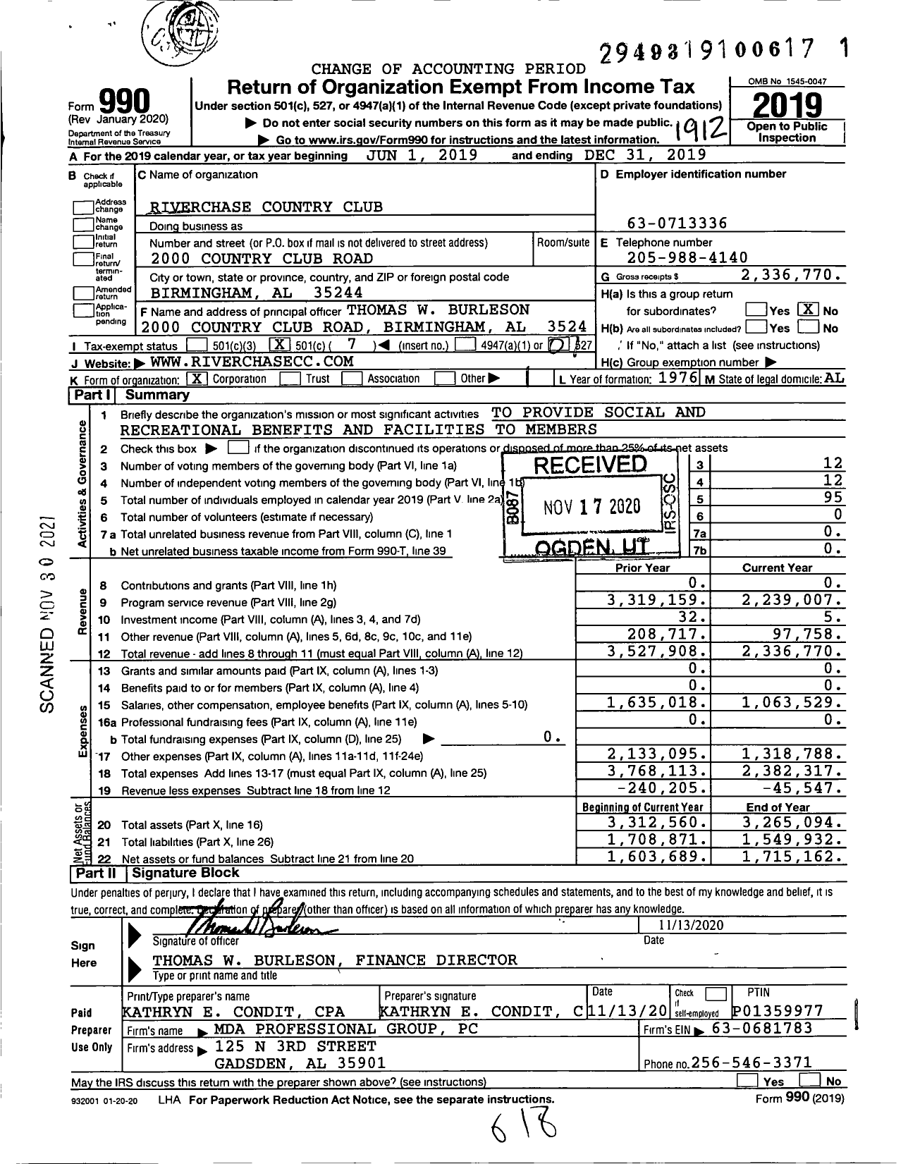 Image of first page of 2019 Form 990O for Riverchase Country Club