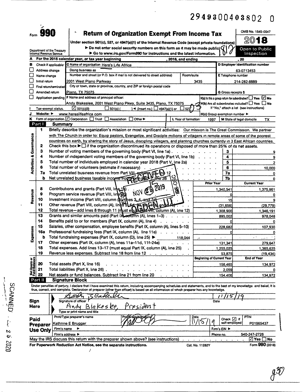 Image of first page of 2018 Form 990 for Heres Life Africa