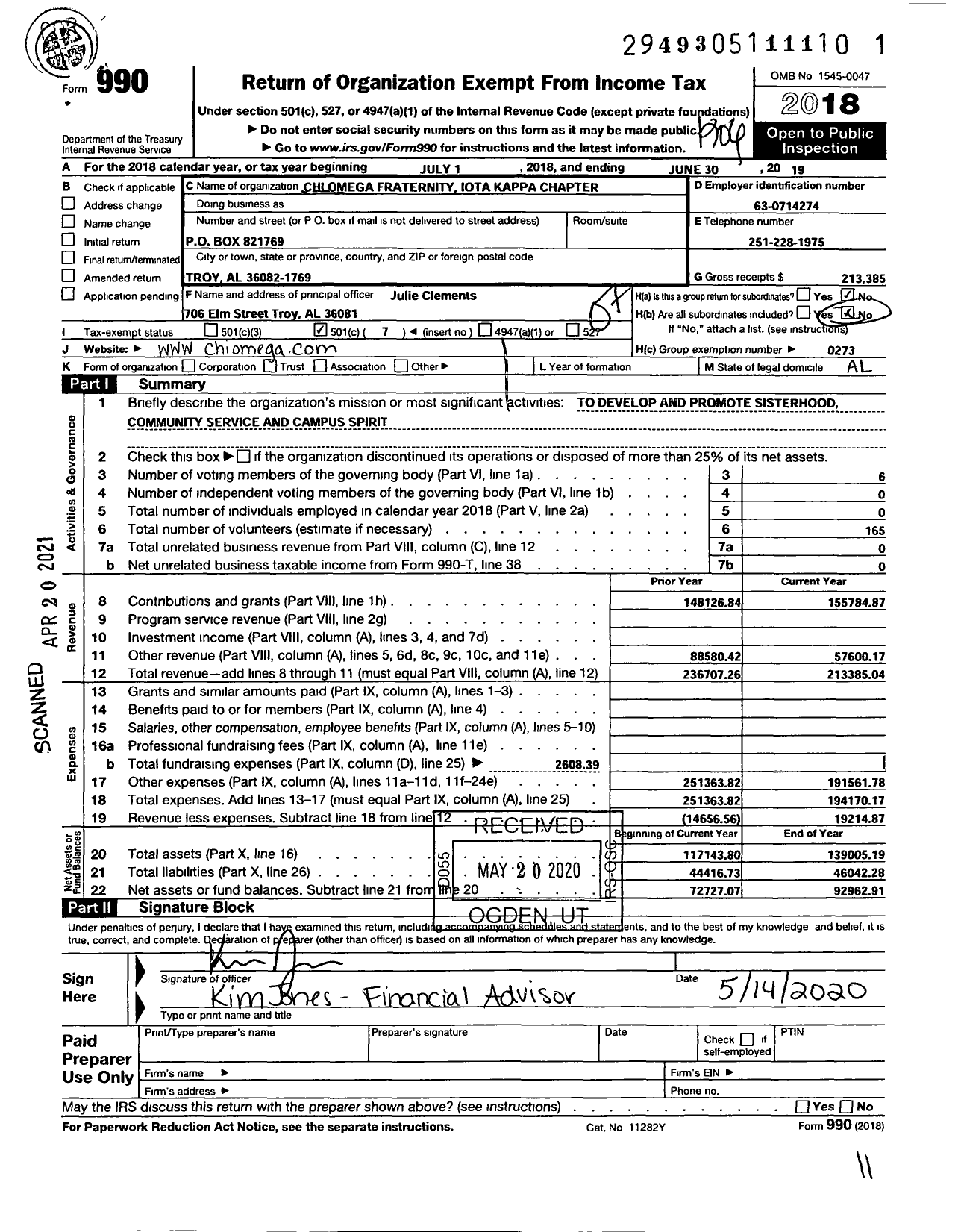 Image of first page of 2018 Form 990O for Chi Omega Fraternity - Iota Kappa Chapter