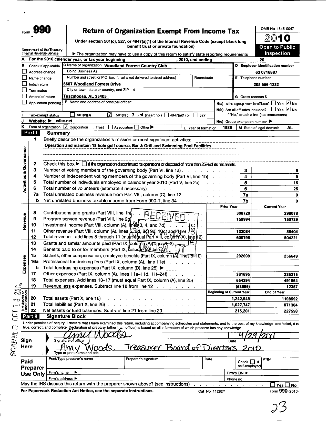 Image of first page of 2010 Form 990O for Woodland Forrest Country Club