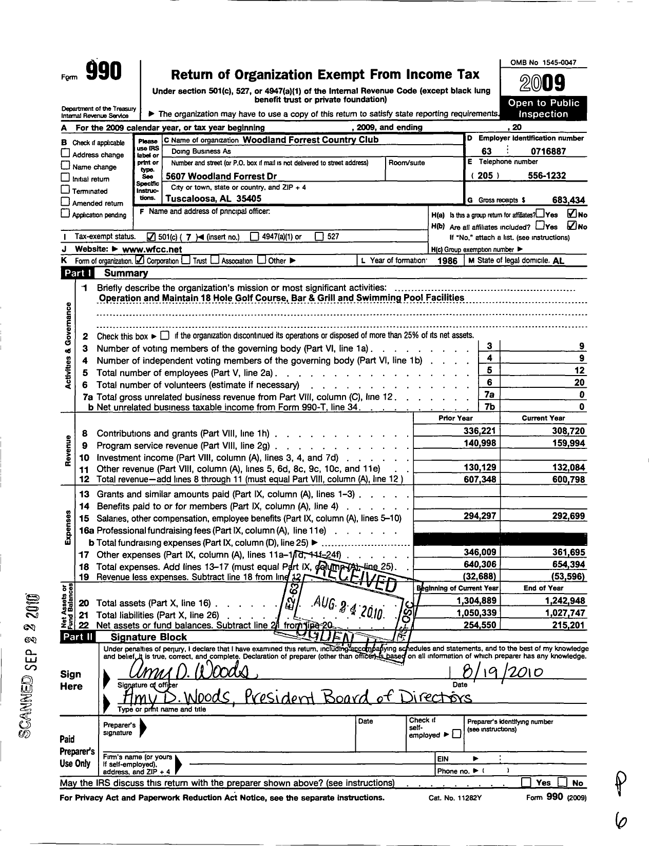 Image of first page of 2009 Form 990O for Woodland Forrest Country Club