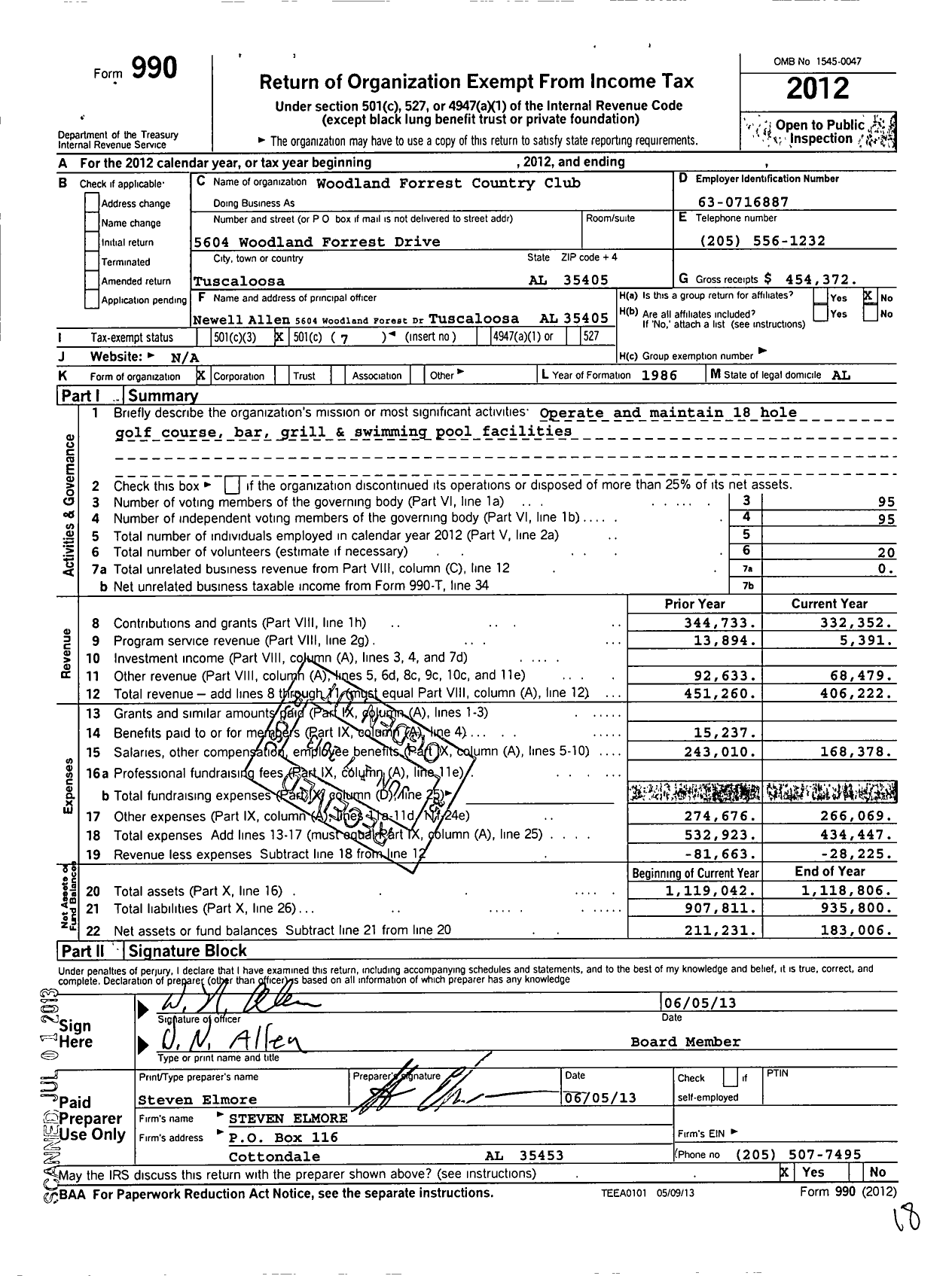 Image of first page of 2012 Form 990O for Woodland Forrest Country Club