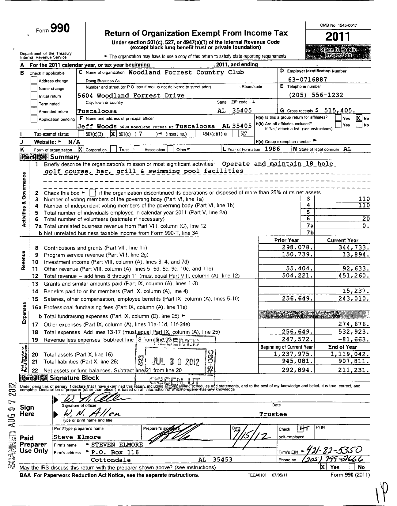 Image of first page of 2011 Form 990O for Woodland Forrest Country Club