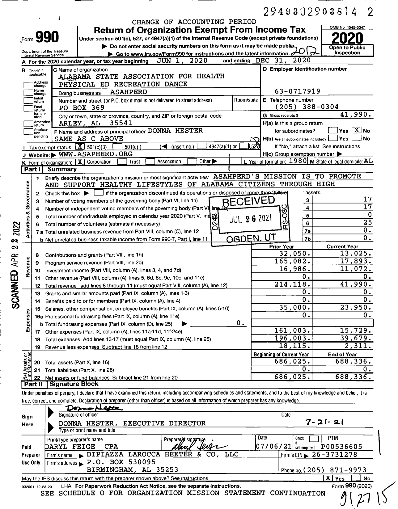 Image of first page of 2020 Form 990 for Alabama State Association for Health Physical Ed Recreation Dance (ASAHPERD)