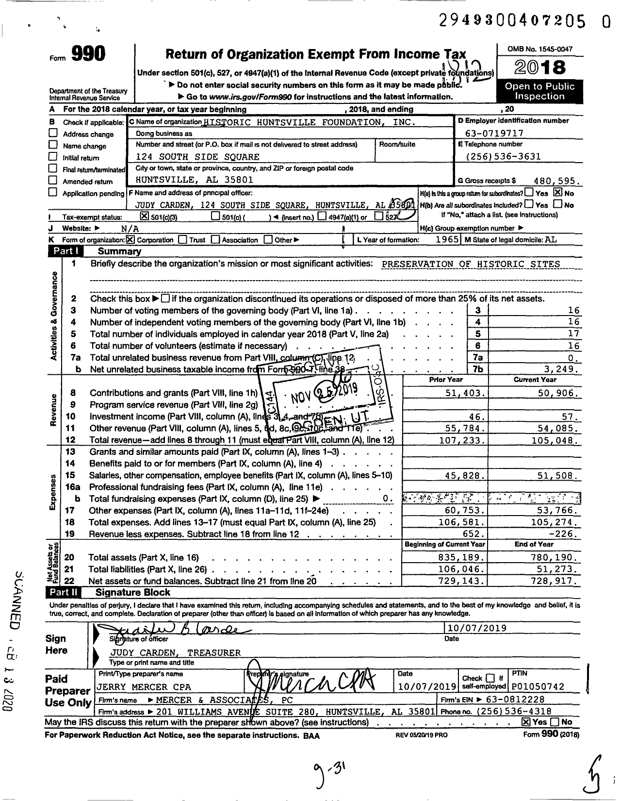 Image of first page of 2018 Form 990 for Historic Huntsville Foundation