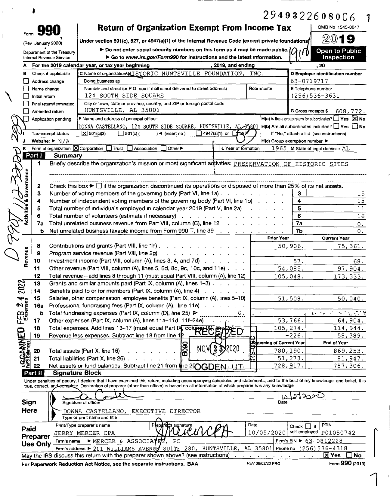 Image of first page of 2019 Form 990 for Historic Huntsville Foundation