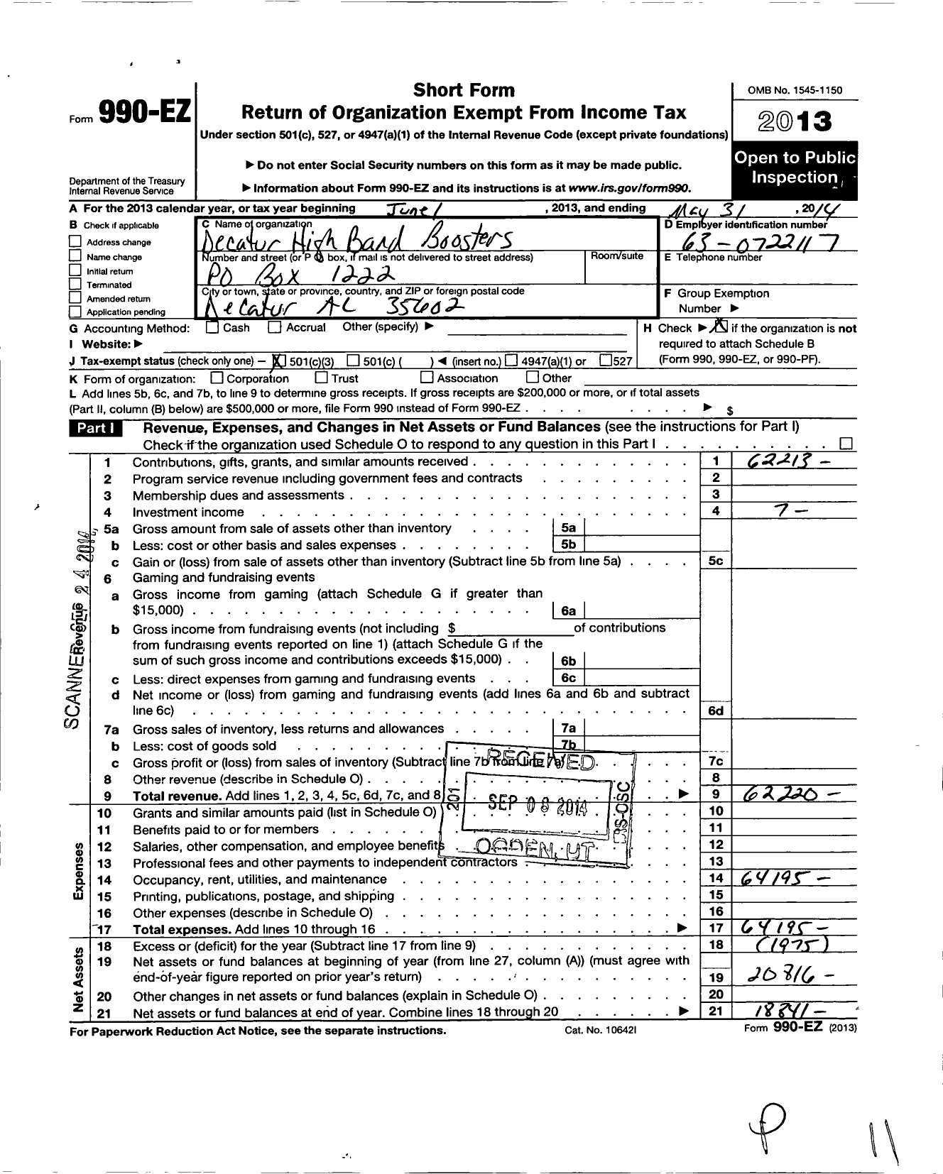 Image of first page of 2013 Form 990EZ for Decatur High Band Boosters