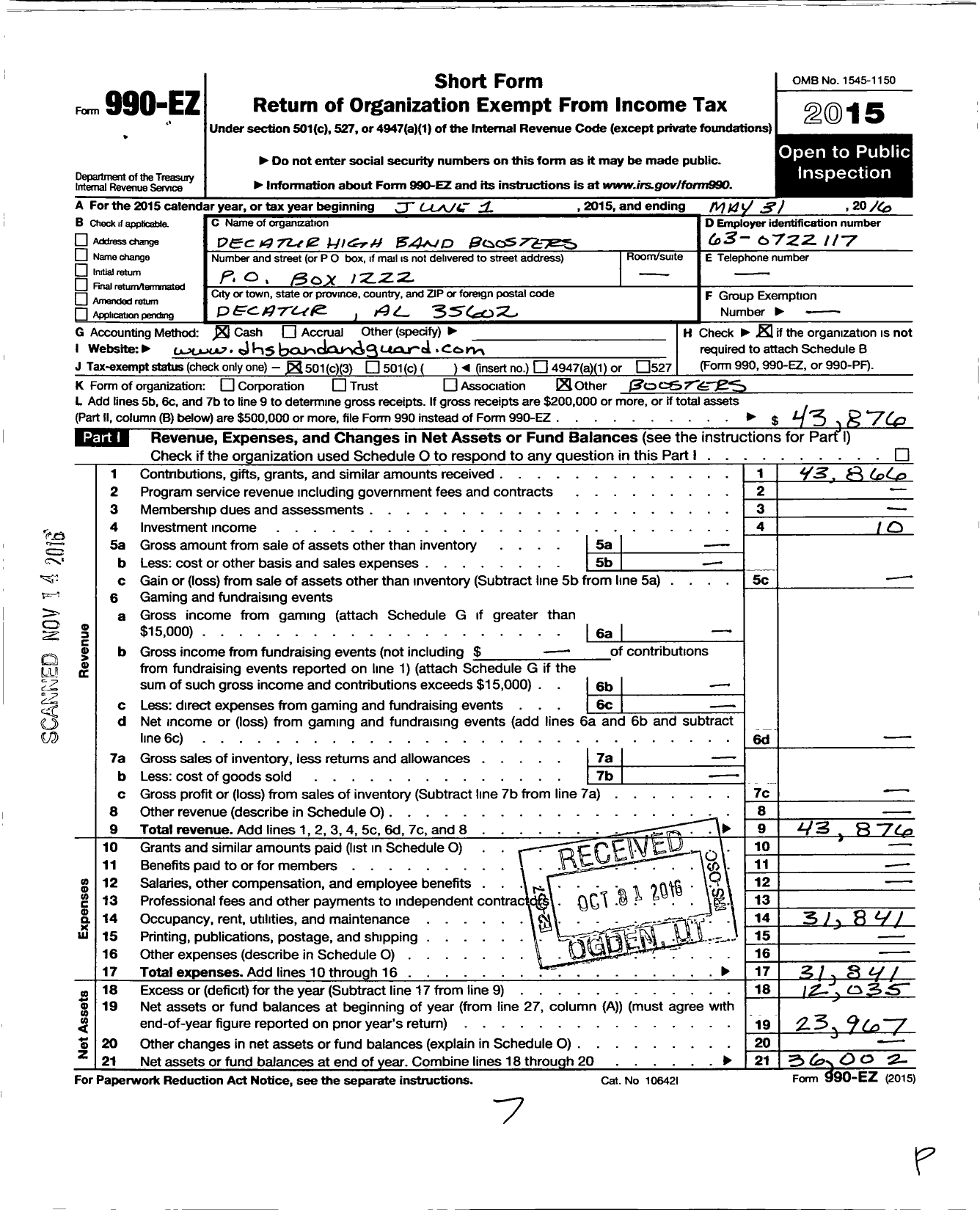 Image of first page of 2015 Form 990EZ for Decatur High Band Boosters