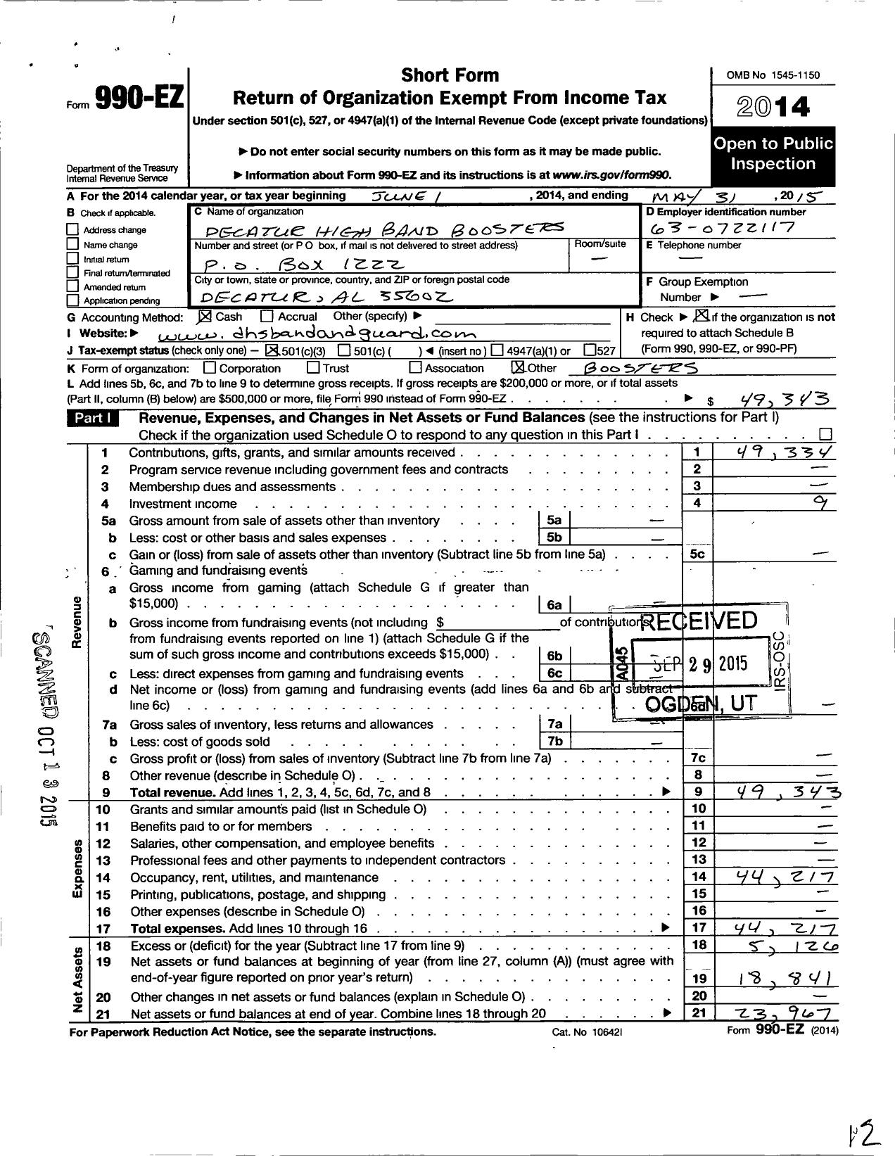 Image of first page of 2014 Form 990EZ for Decatur High Band Boosters