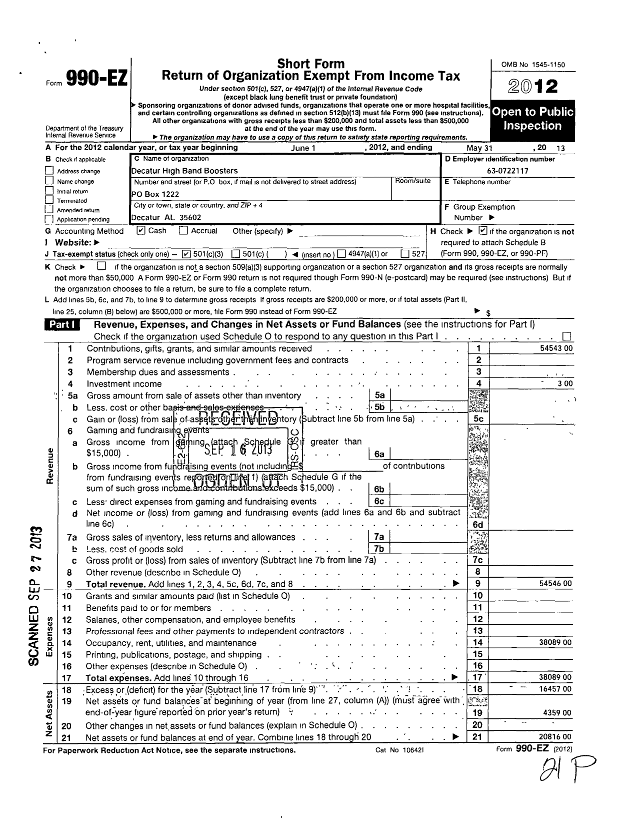 Image of first page of 2012 Form 990EZ for Decatur High Band Boosters