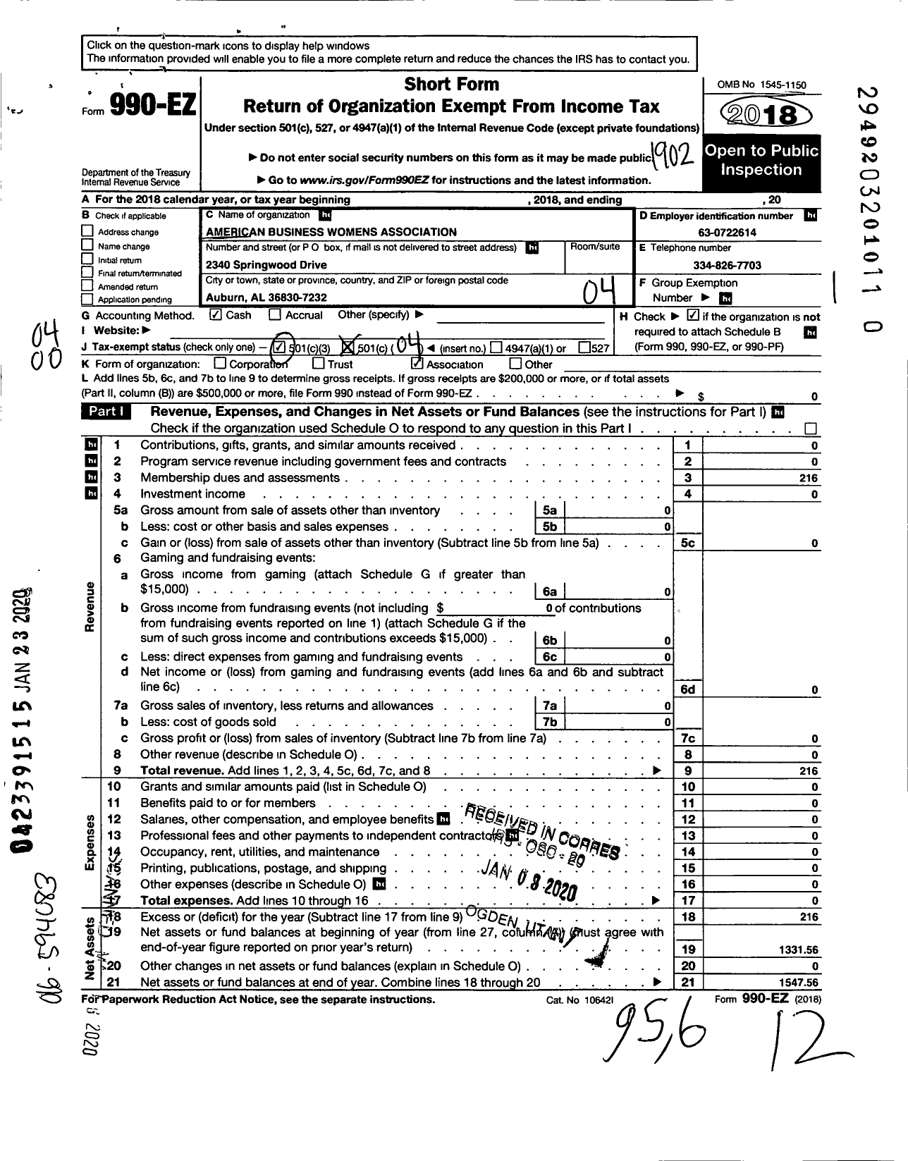 Image of first page of 2018 Form 990EO for American Business Womens Association