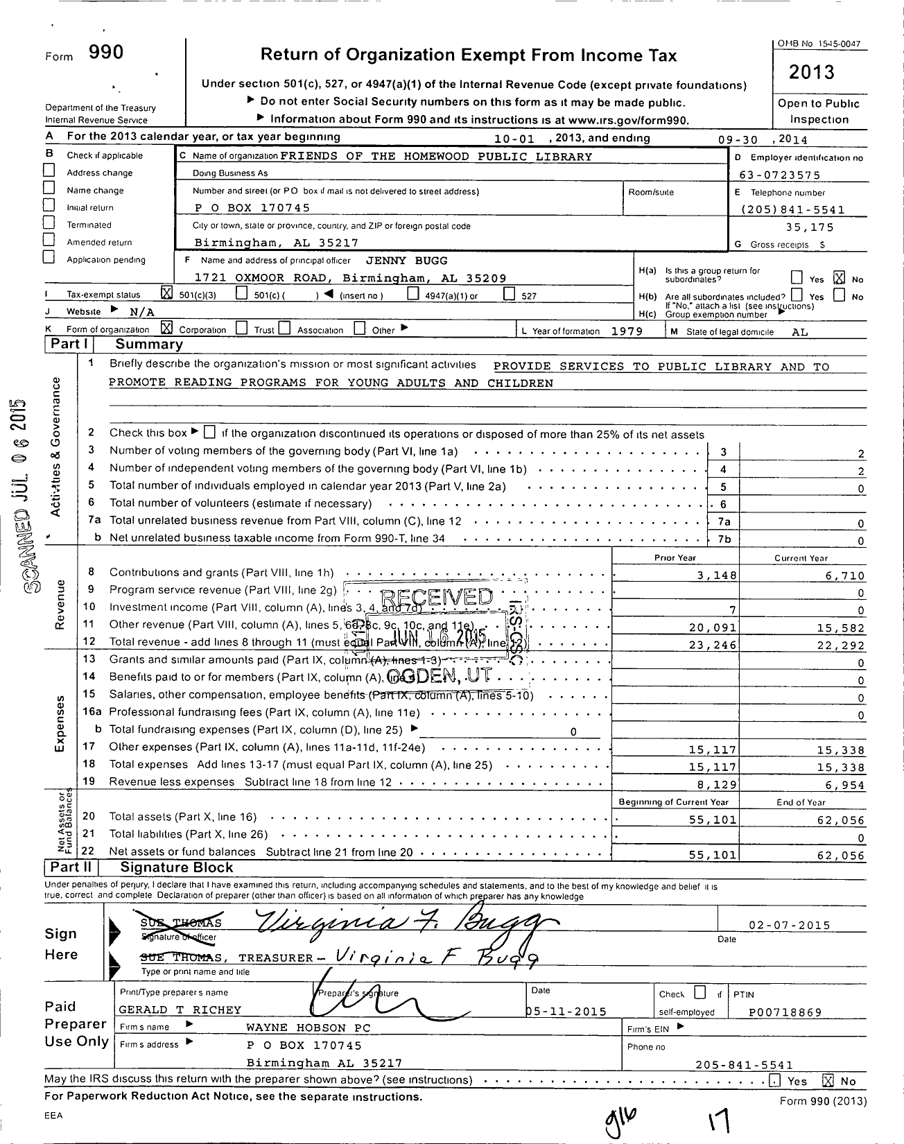 Image of first page of 2013 Form 990 for Friends of the Homewood Public Library