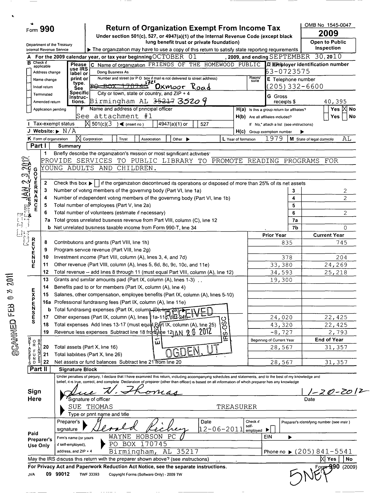 Image of first page of 2009 Form 990 for Friends of the Homewood Public Library