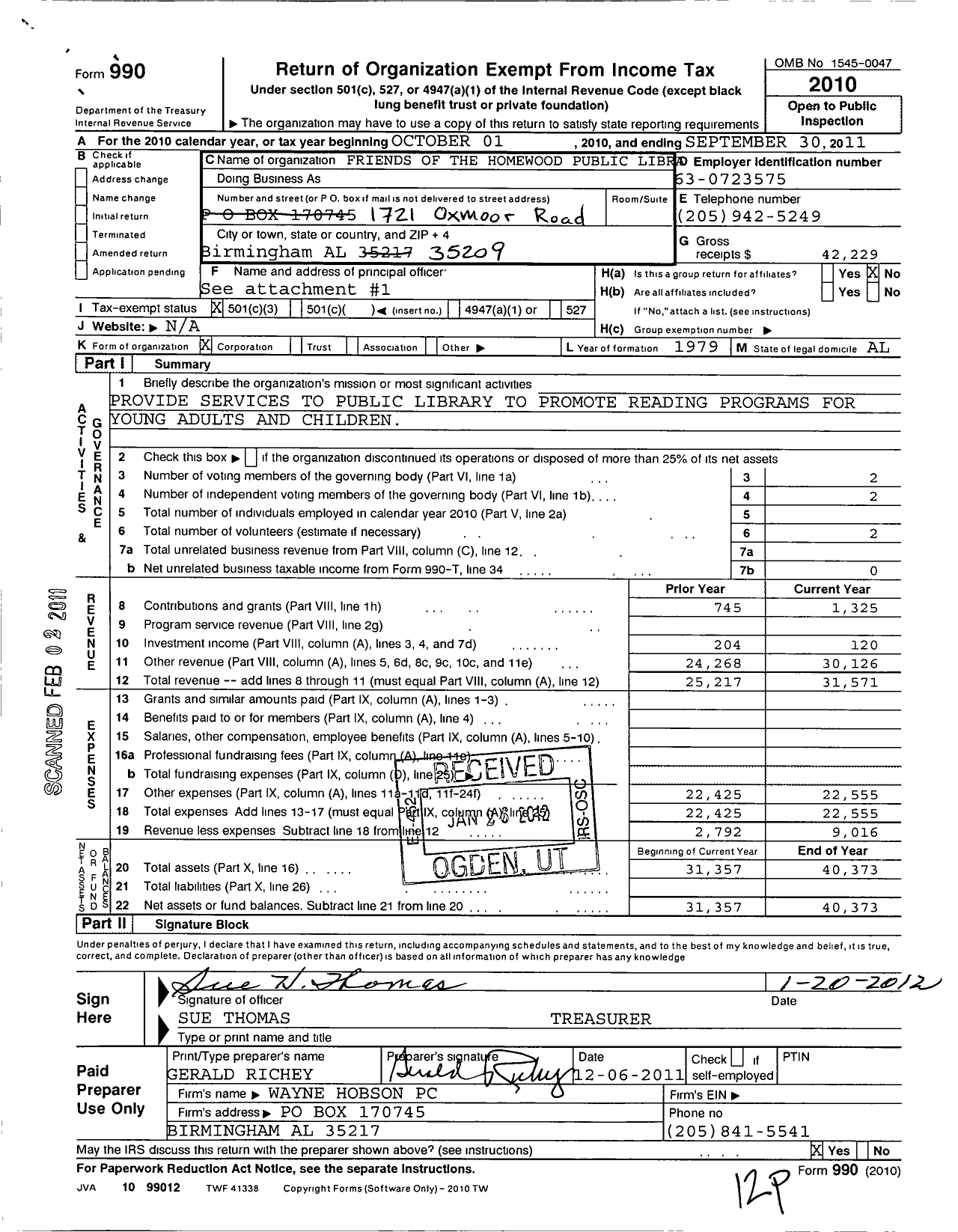 Image of first page of 2010 Form 990 for Friends of the Homewood Public Library