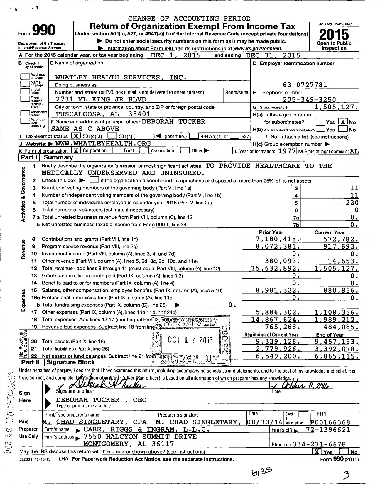 Image of first page of 2015 Form 990 for Whatley Health Services