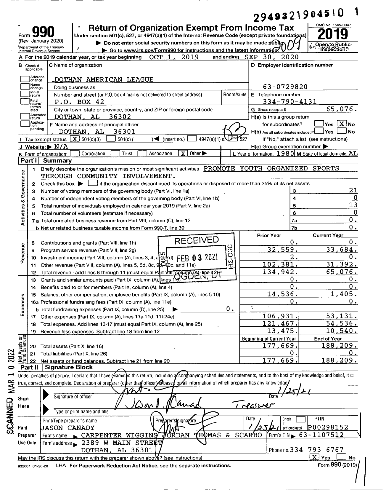 Image of first page of 2019 Form 990 for Dothan American League