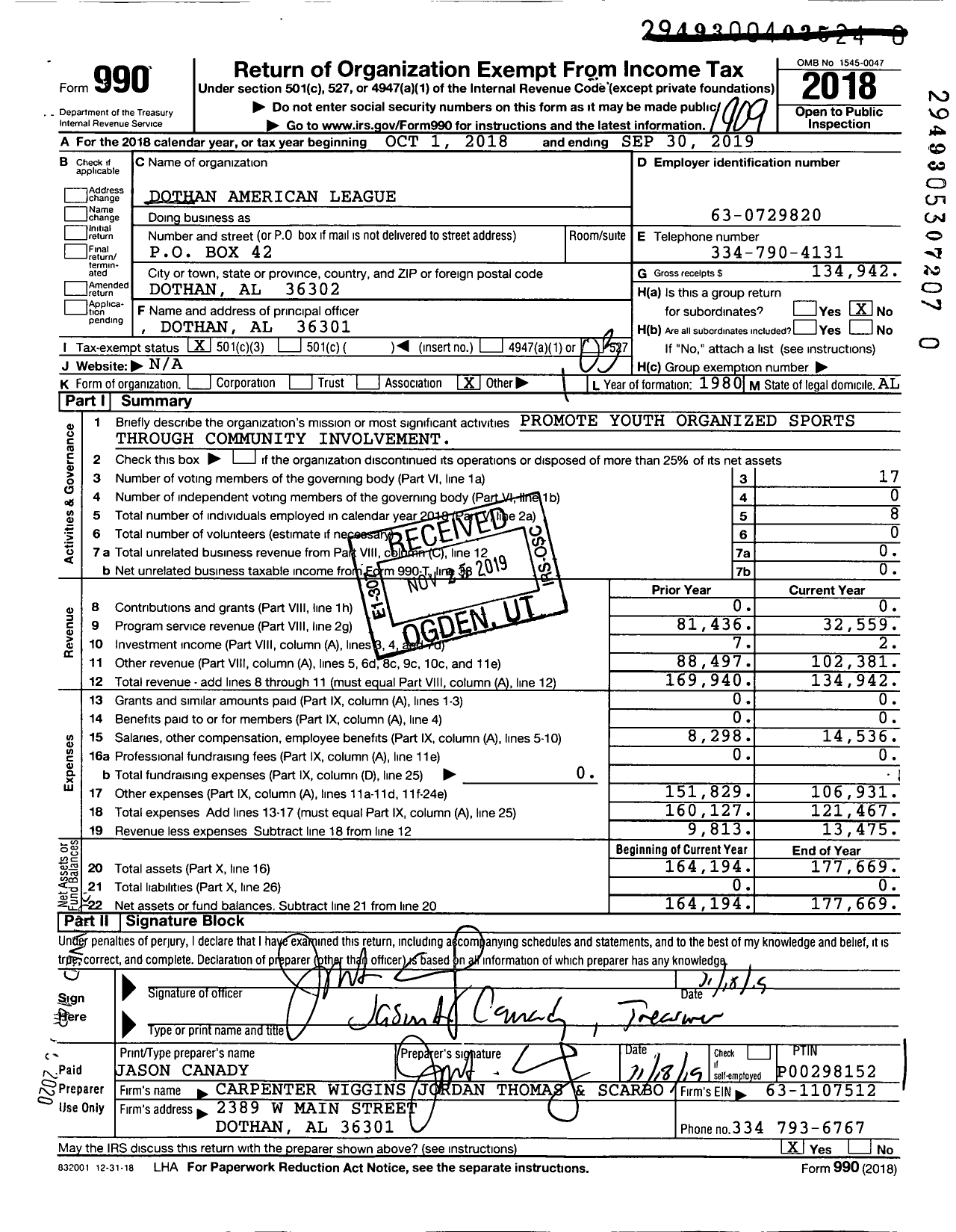 Image of first page of 2018 Form 990 for Dothan American League