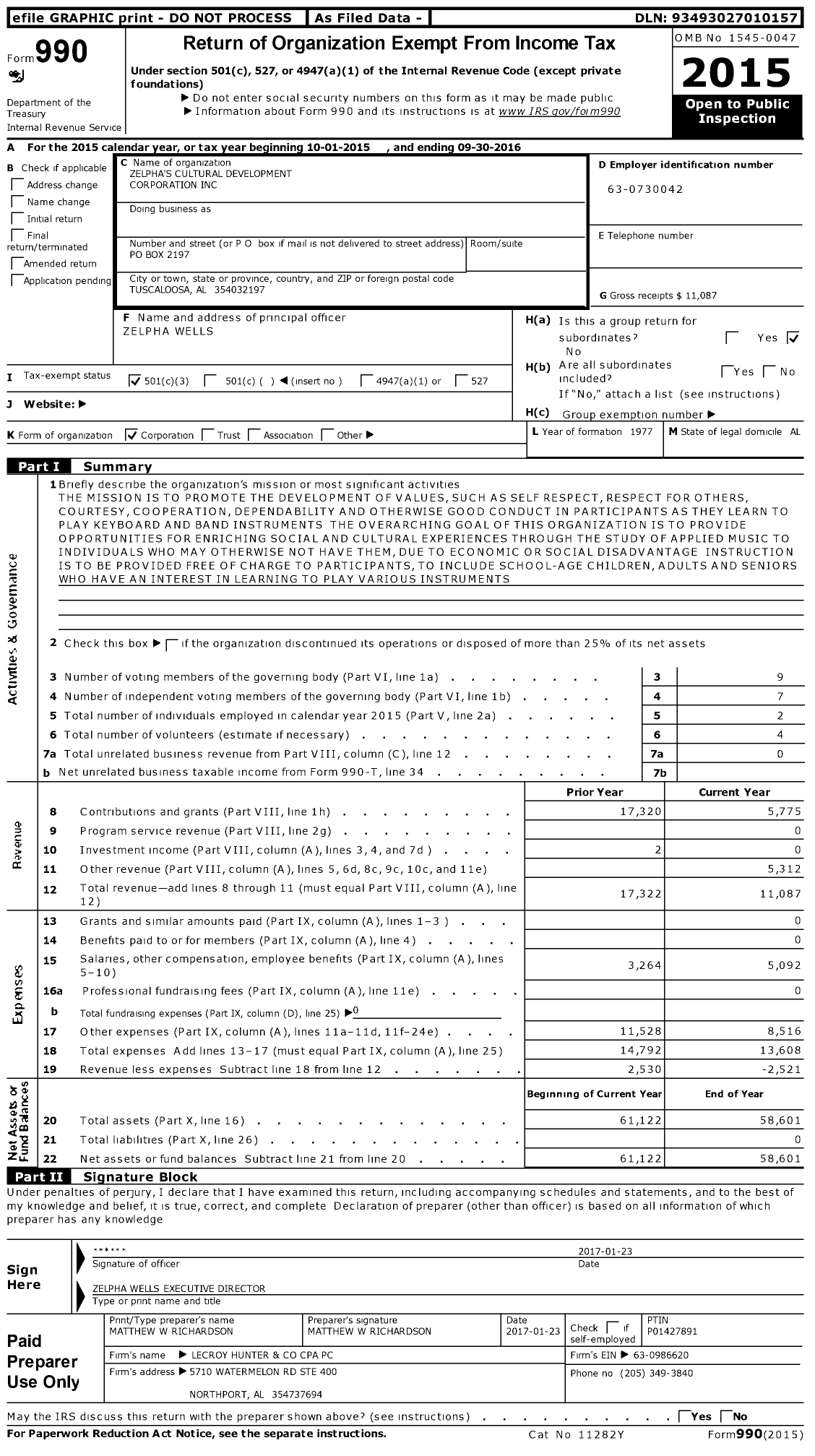 Image of first page of 2015 Form 990 for Zelphas Cultural Development Corporation