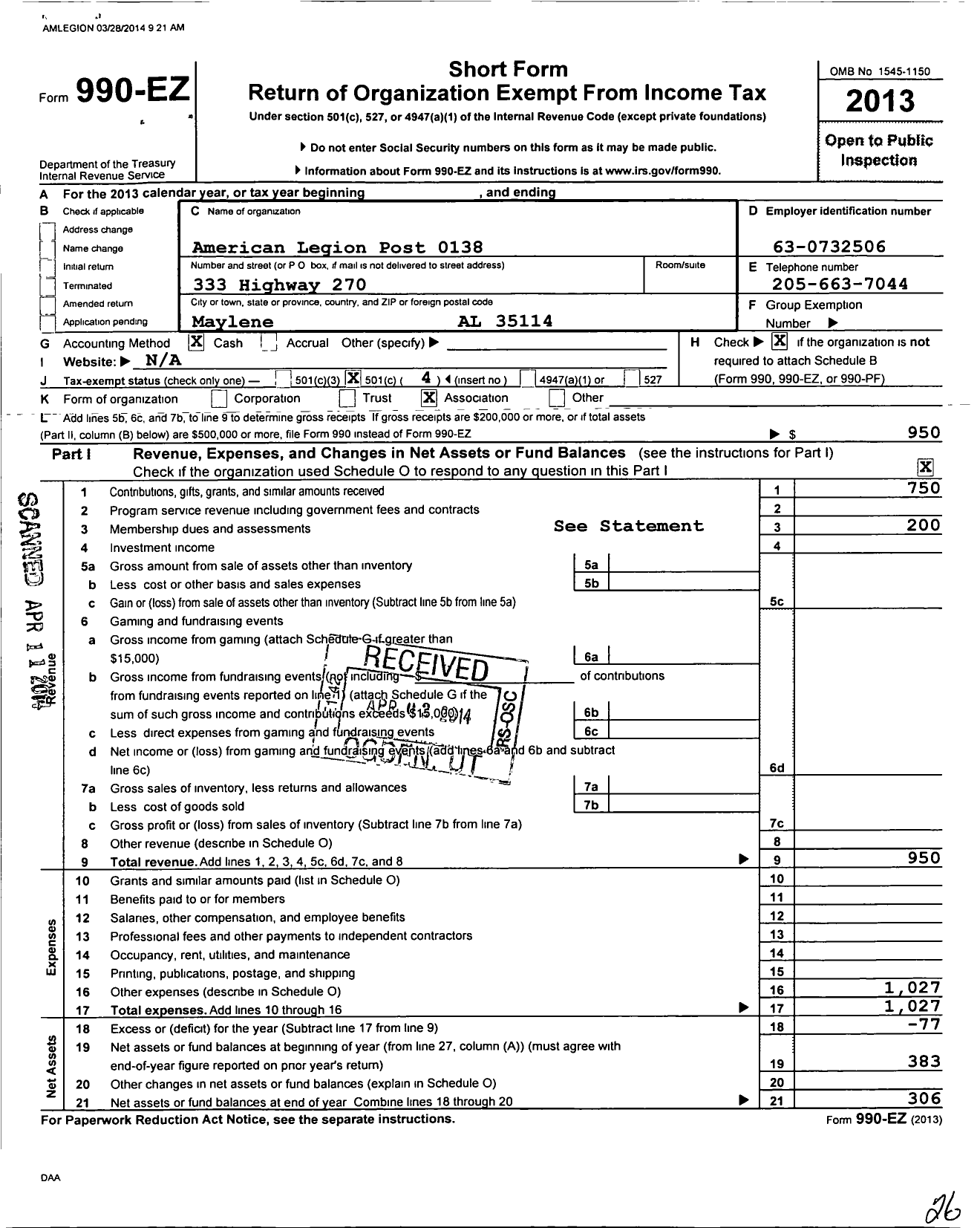 Image of first page of 2013 Form 990EO for American Legion - 138 Goodwin-Lee Wi Post