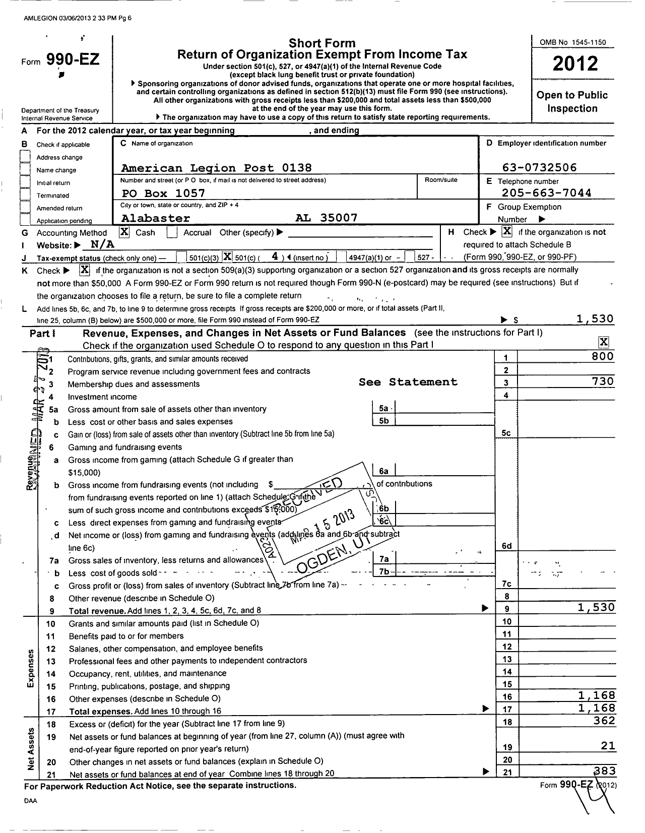 Image of first page of 2012 Form 990EO for American Legion - 138 Goodwin-Lee Wi Post