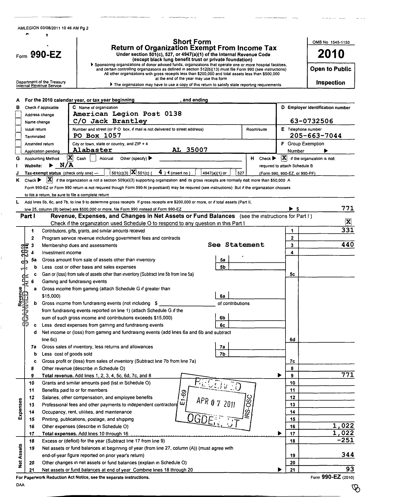 Image of first page of 2010 Form 990EO for American Legion - 138 Goodwin-Lee Wi Post