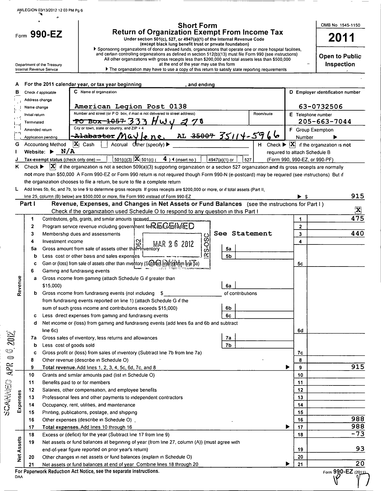 Image of first page of 2011 Form 990EO for American Legion - 138 Goodwin-Lee Wi Post