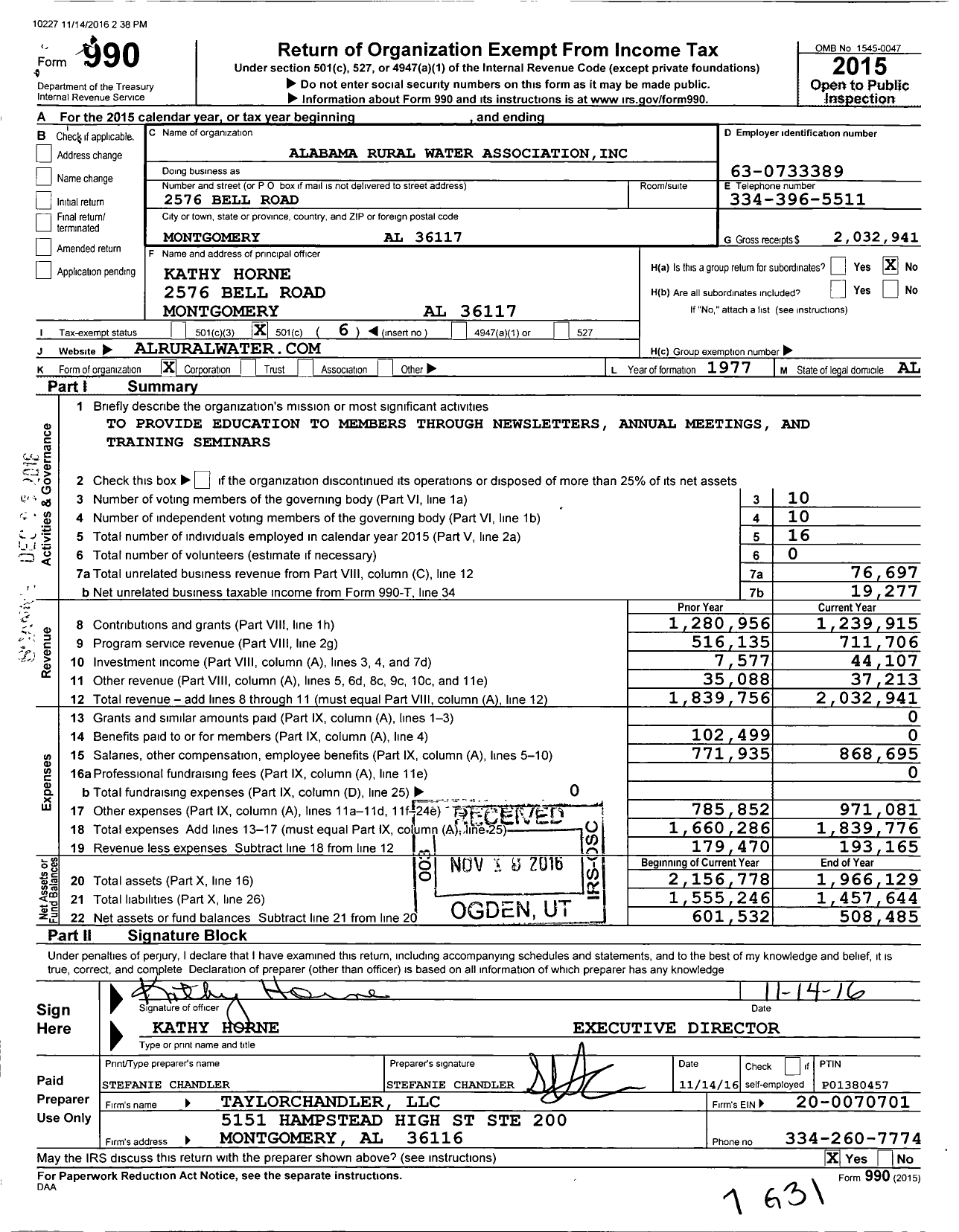 Image of first page of 2015 Form 990O for Alabama Rural Water Association