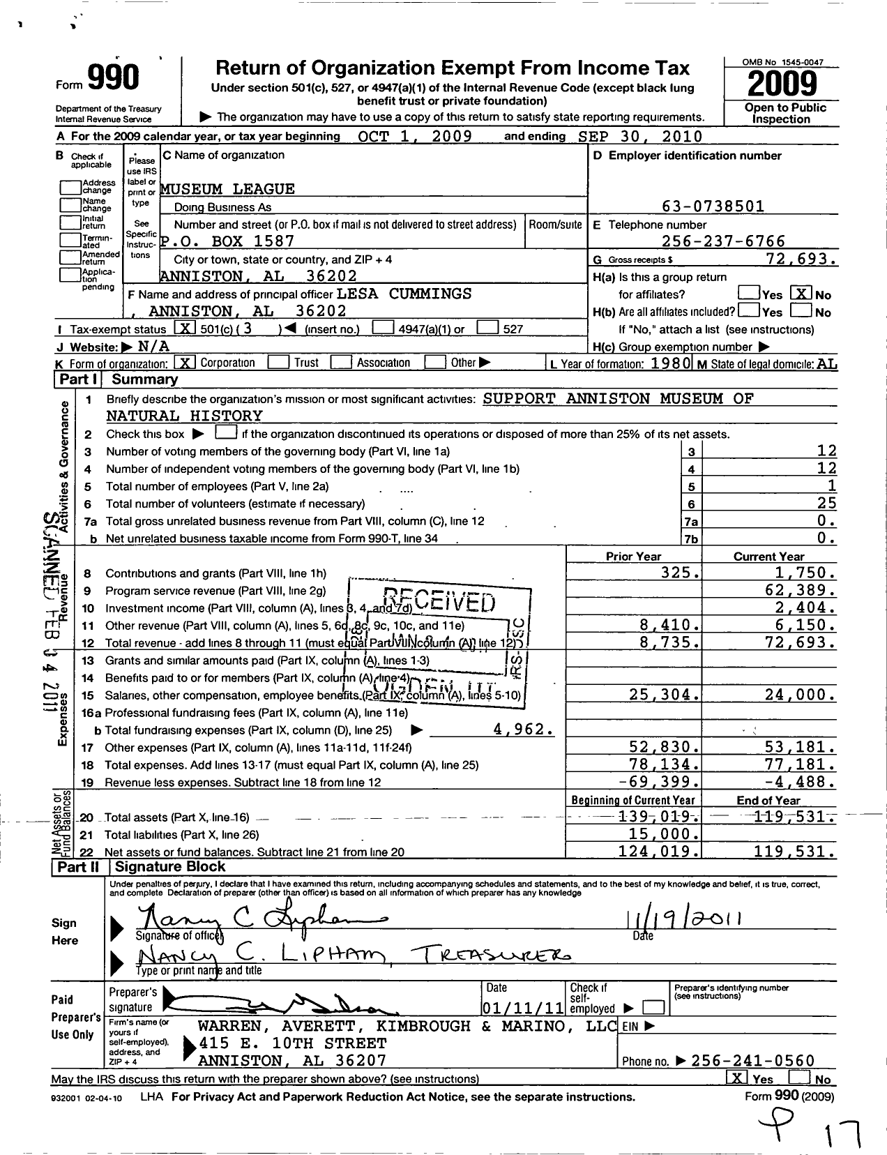 Image of first page of 2009 Form 990 for Museum League