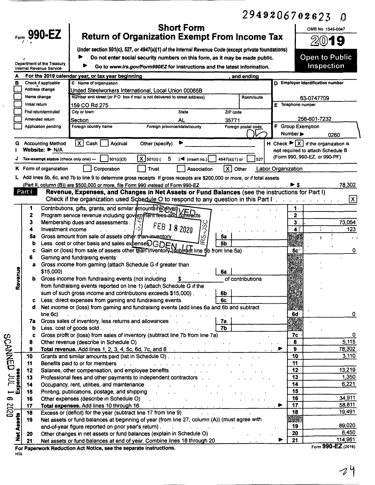 Image of first page of 2019 Form 990EO for United Steelworkers - 00065b