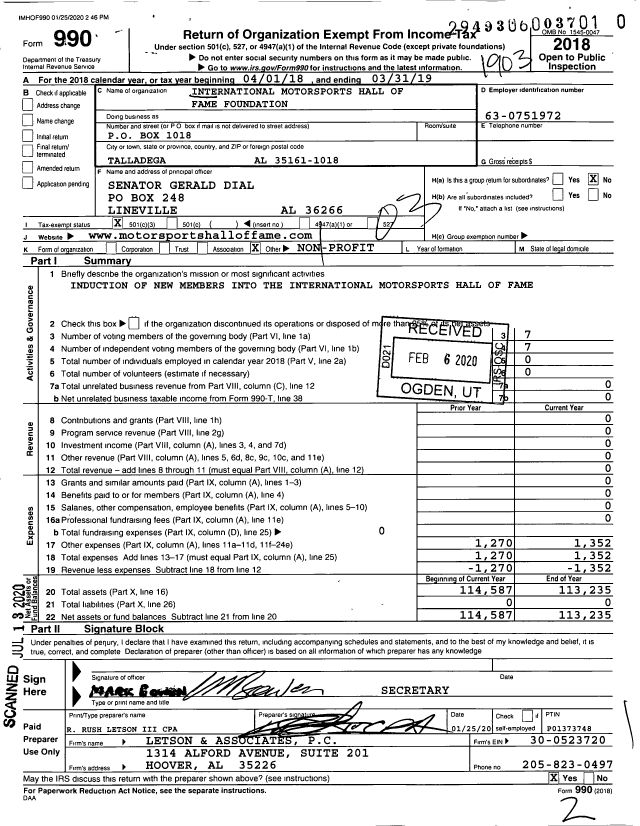 Image of first page of 2018 Form 990 for International Motorsports Hall of Fame Foundation