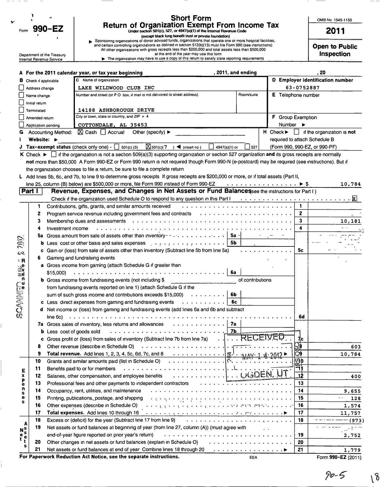 Image of first page of 2011 Form 990EO for Lake Wildwood Club
