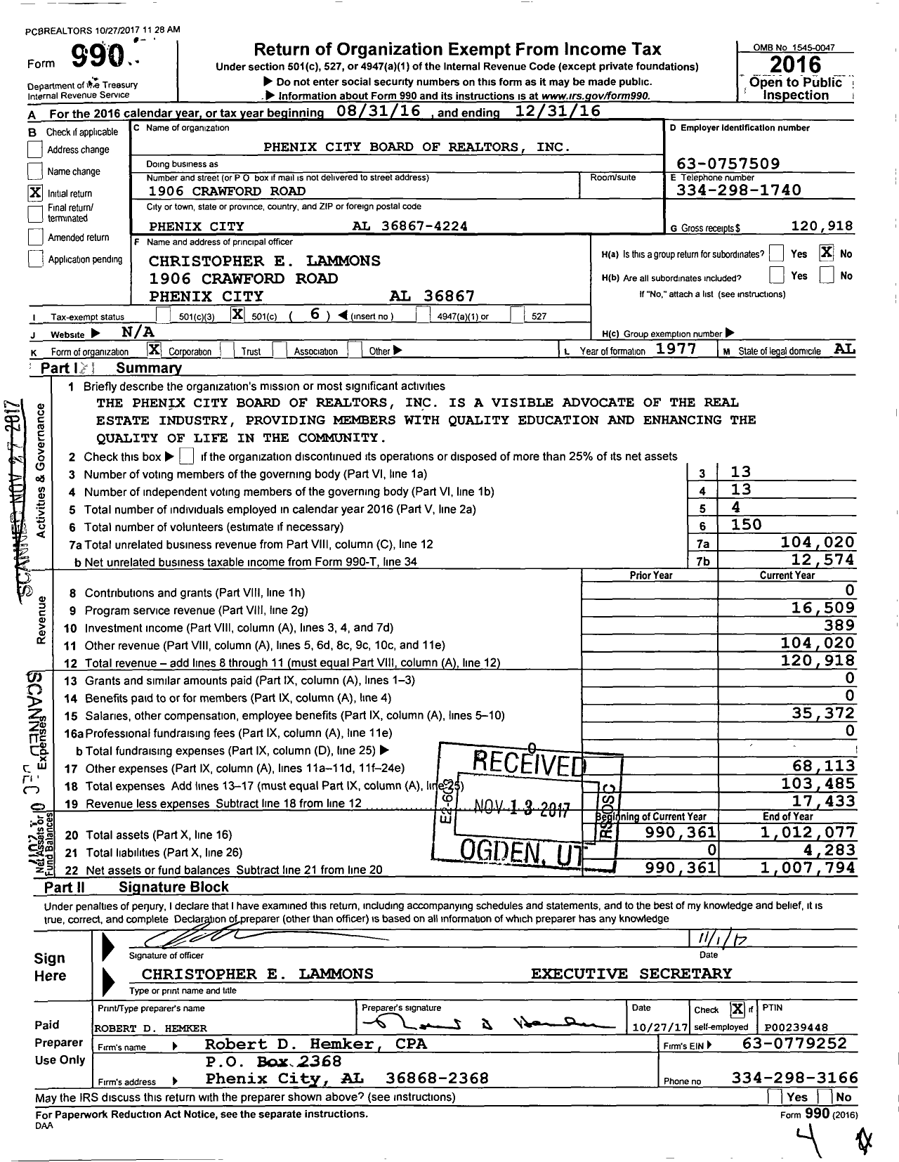 Image of first page of 2016 Form 990O for East Alabama Board of Realtors