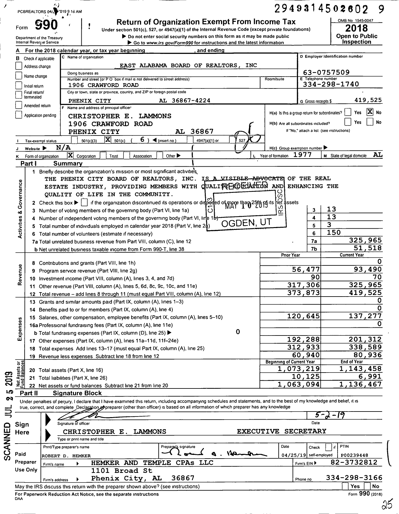 Image of first page of 2018 Form 990O for East Alabama Board of Realtors