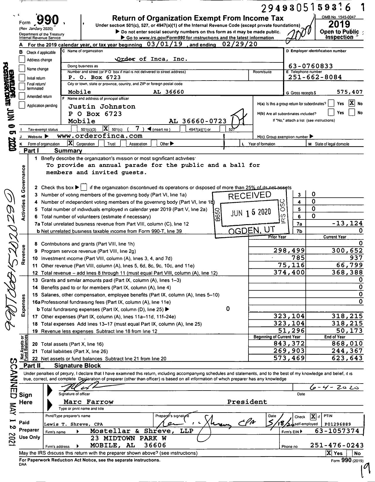 Image of first page of 2019 Form 990O for Order of Inca