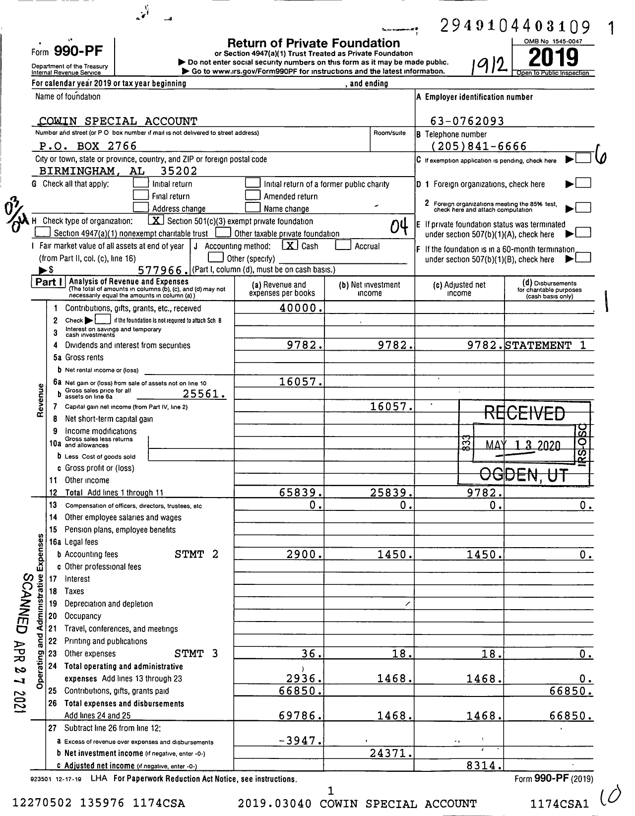 Image of first page of 2019 Form 990PF for Cowin Special Account