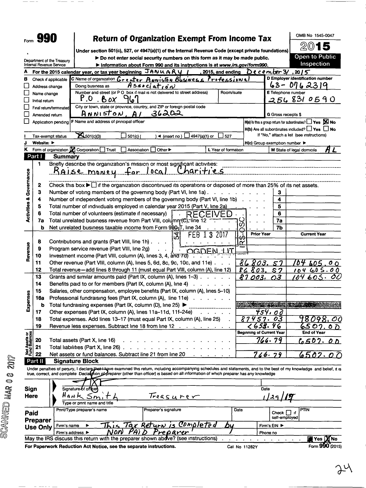 Image of first page of 2015 Form 990 for Greater Anniston Business Professional Association