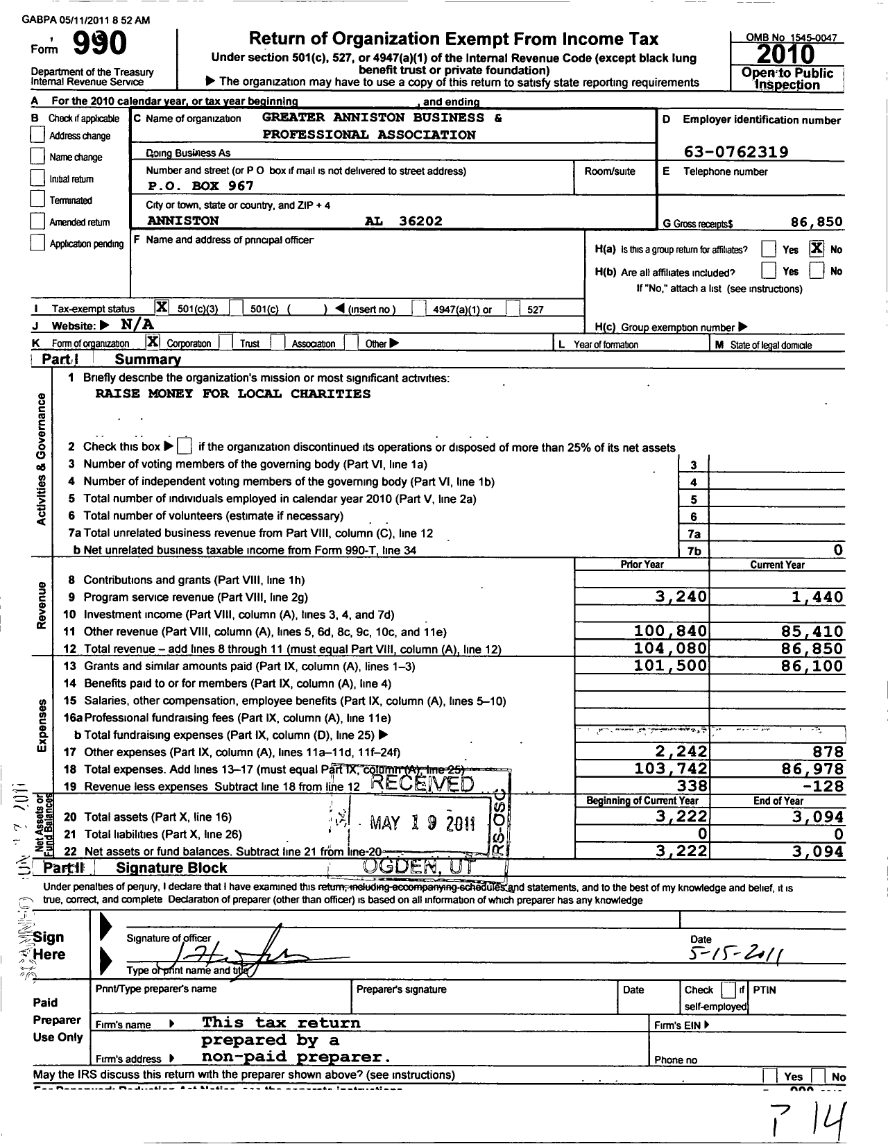 Image of first page of 2010 Form 990 for Greater Anniston Business Professional Association