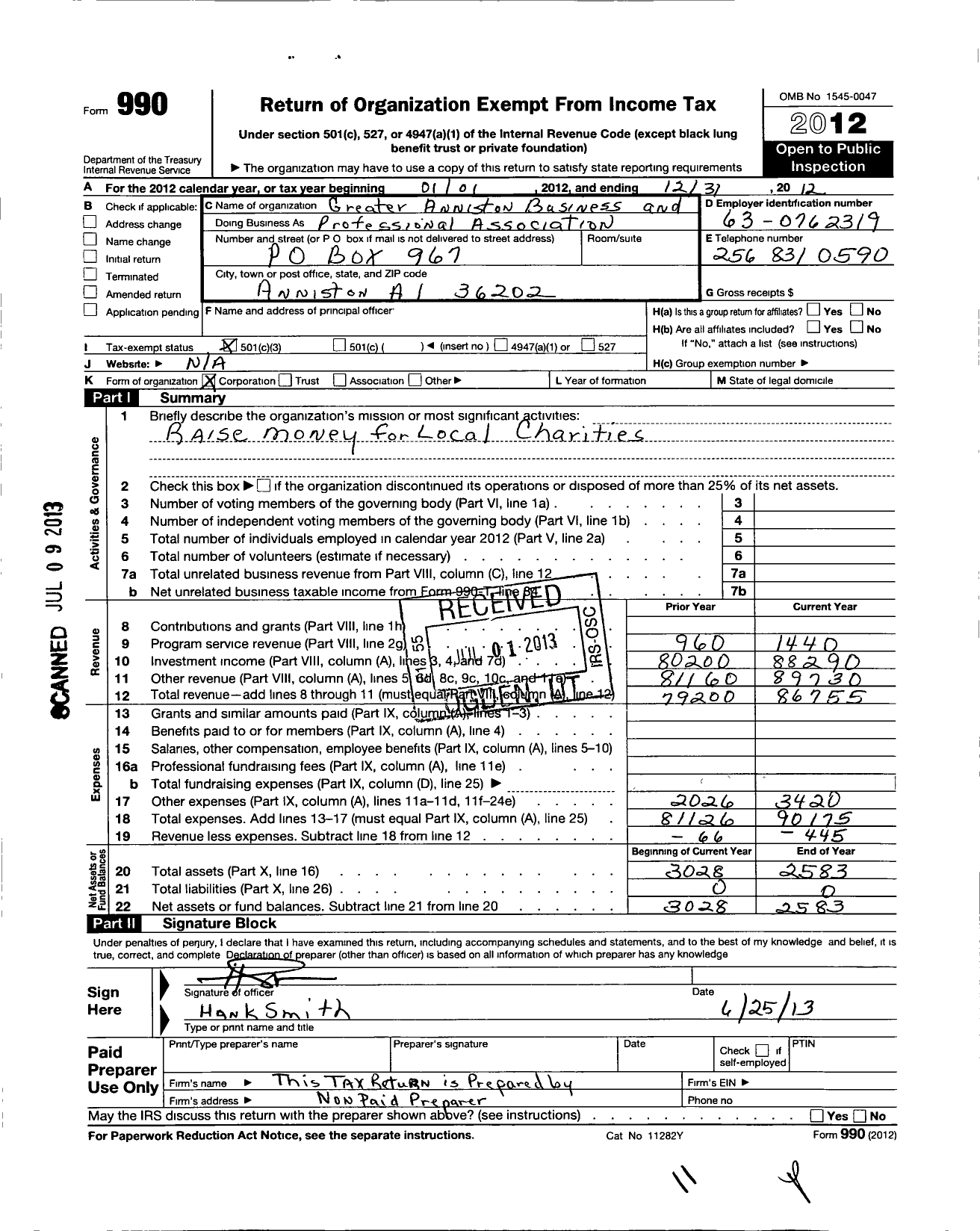 Image of first page of 2012 Form 990 for Greater Anniston Business Professional Association