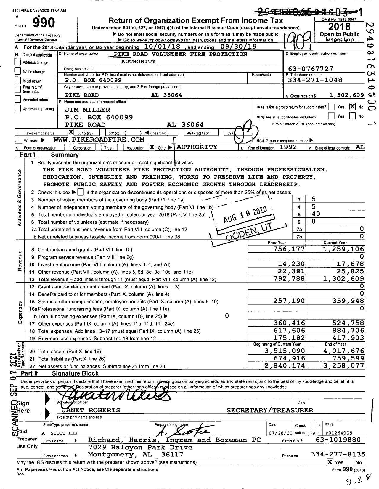 Image of first page of 2018 Form 990 for Pike Road Volunteer Fire Protection Authority