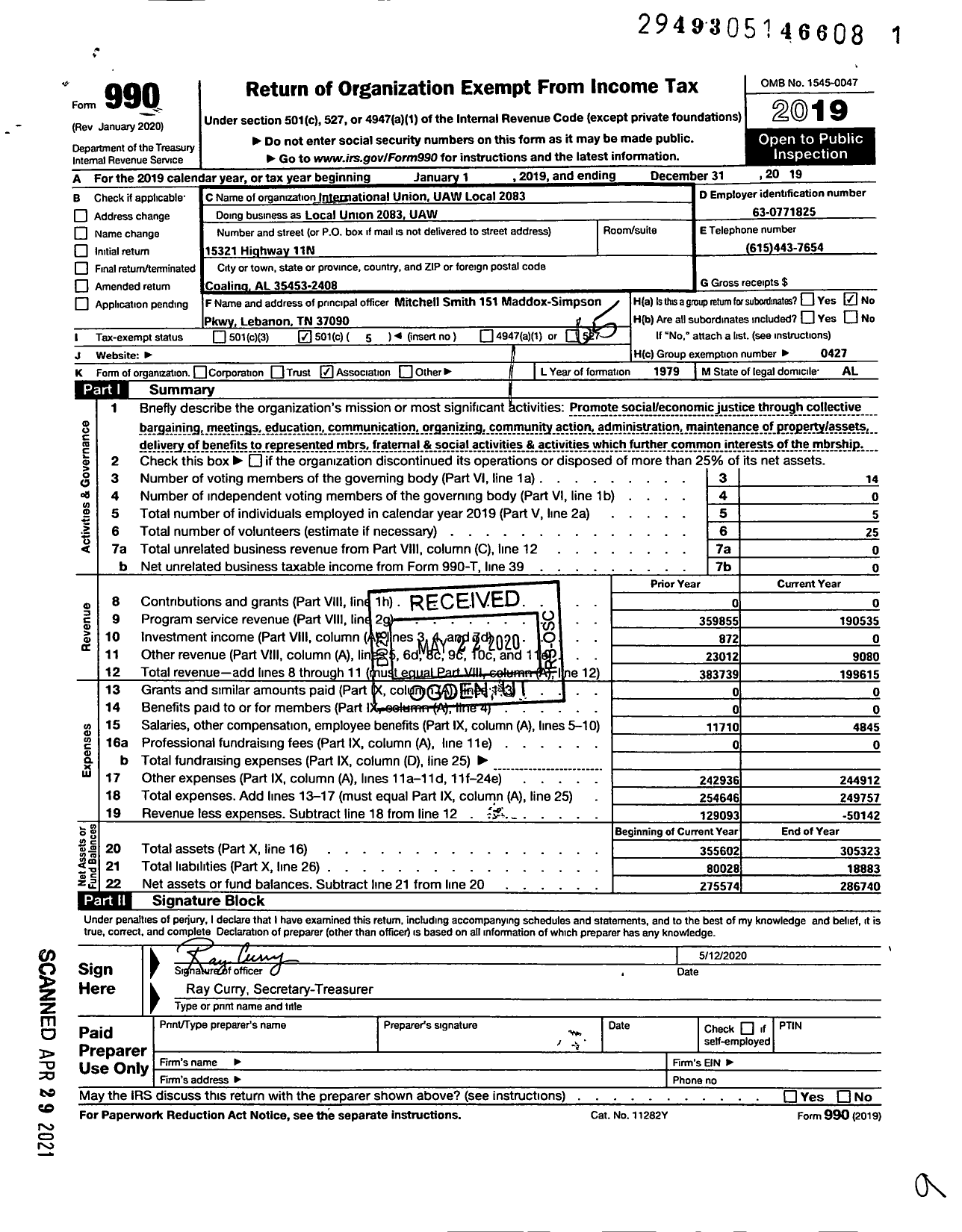 Image of first page of 2019 Form 990O for UAW - 2083 UAW Local