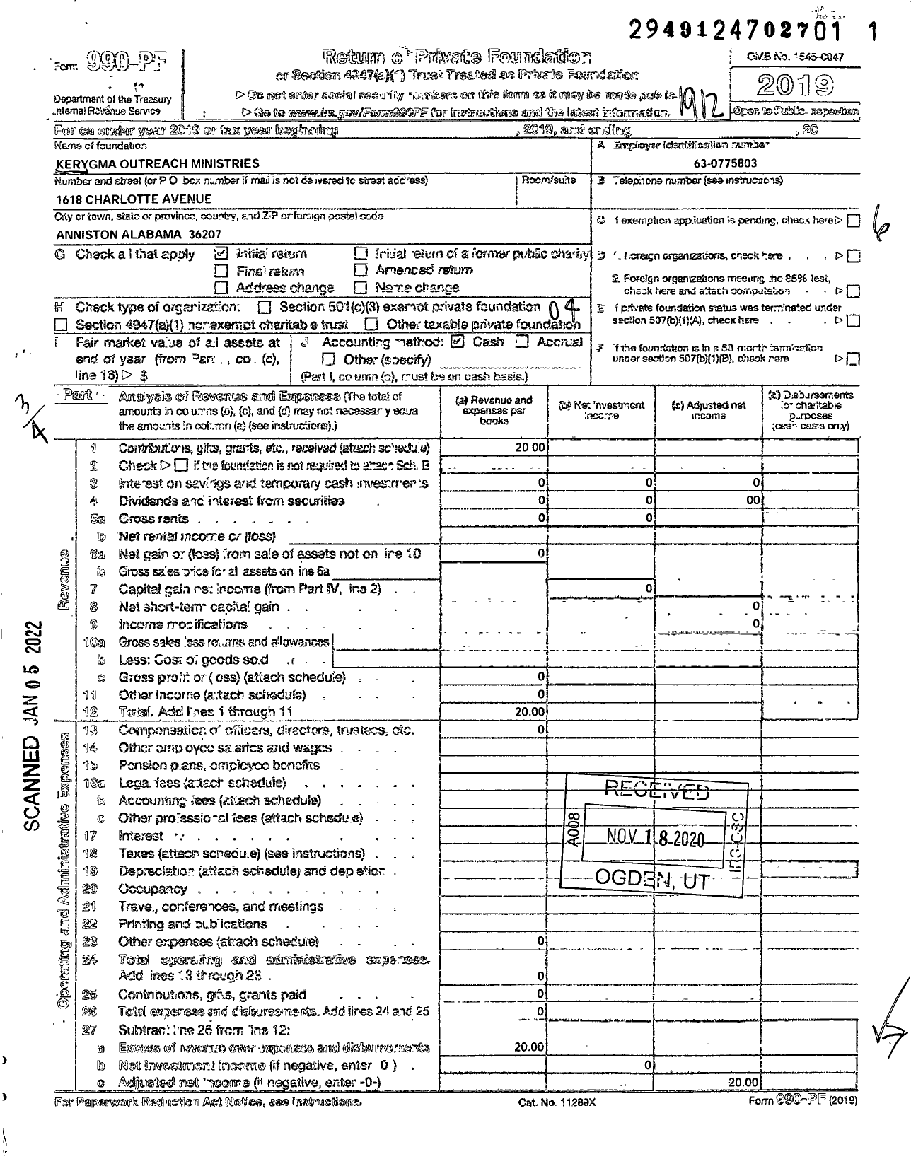 Image of first page of 2019 Form 990PF for Kerygma Outreach Ministries