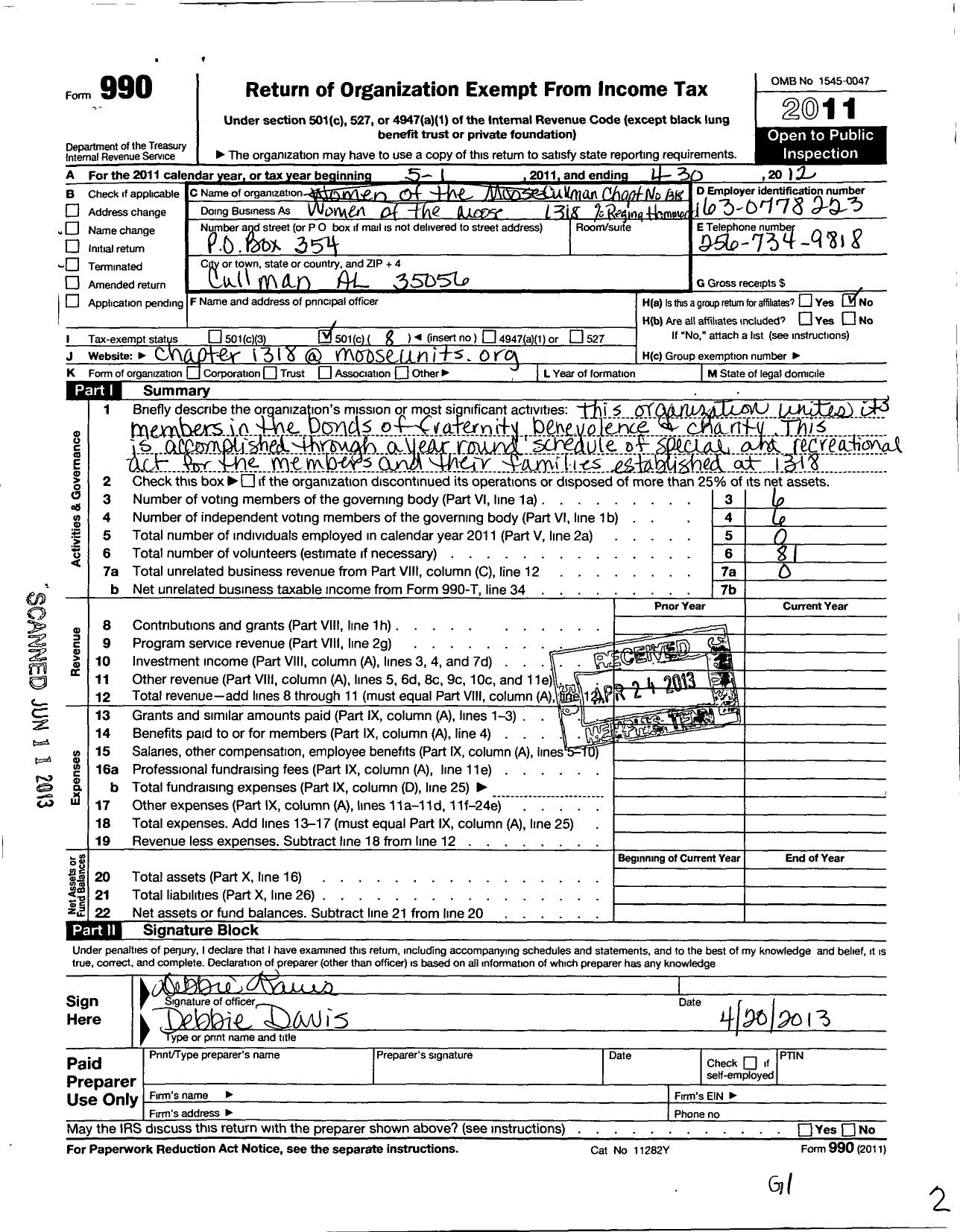 Image of first page of 2011 Form 990O for Loyal Order of Moose - 1318
