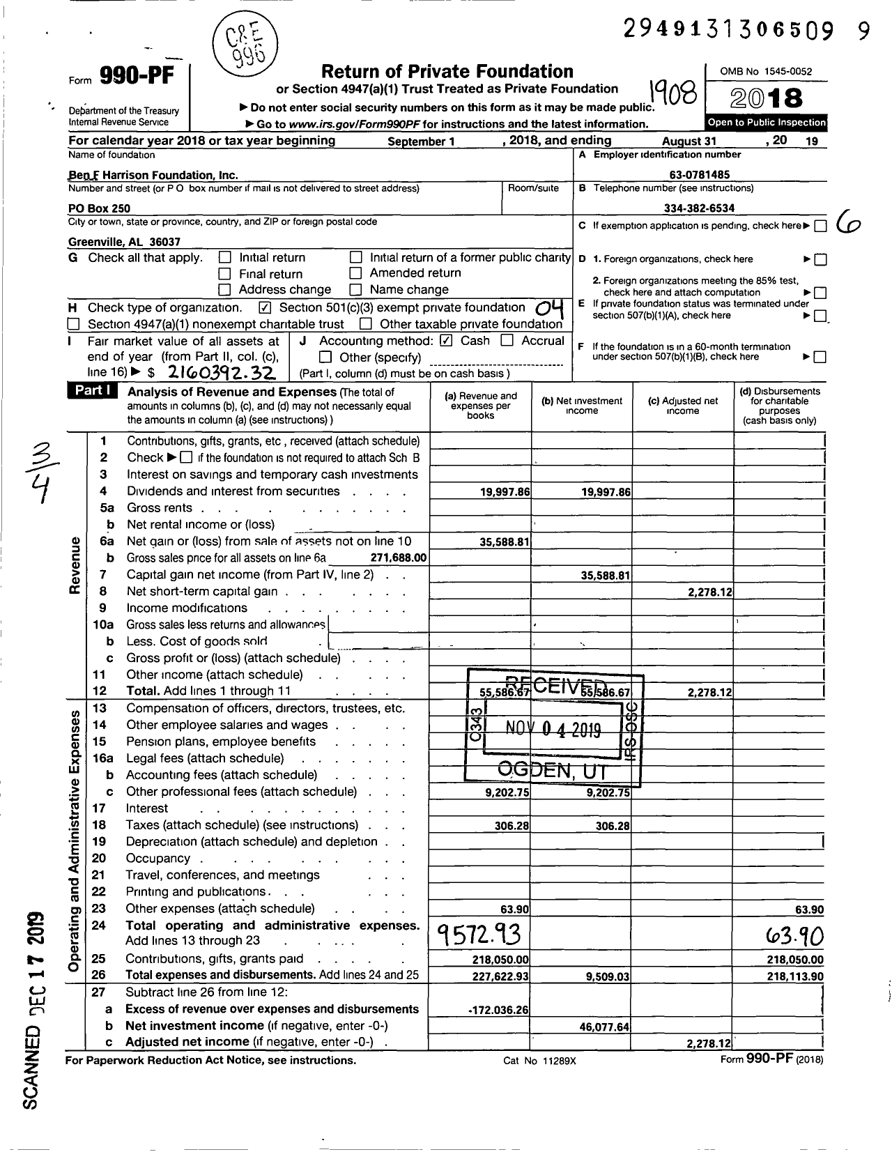 Image of first page of 2018 Form 990PF for Ben F Harrison Foundation