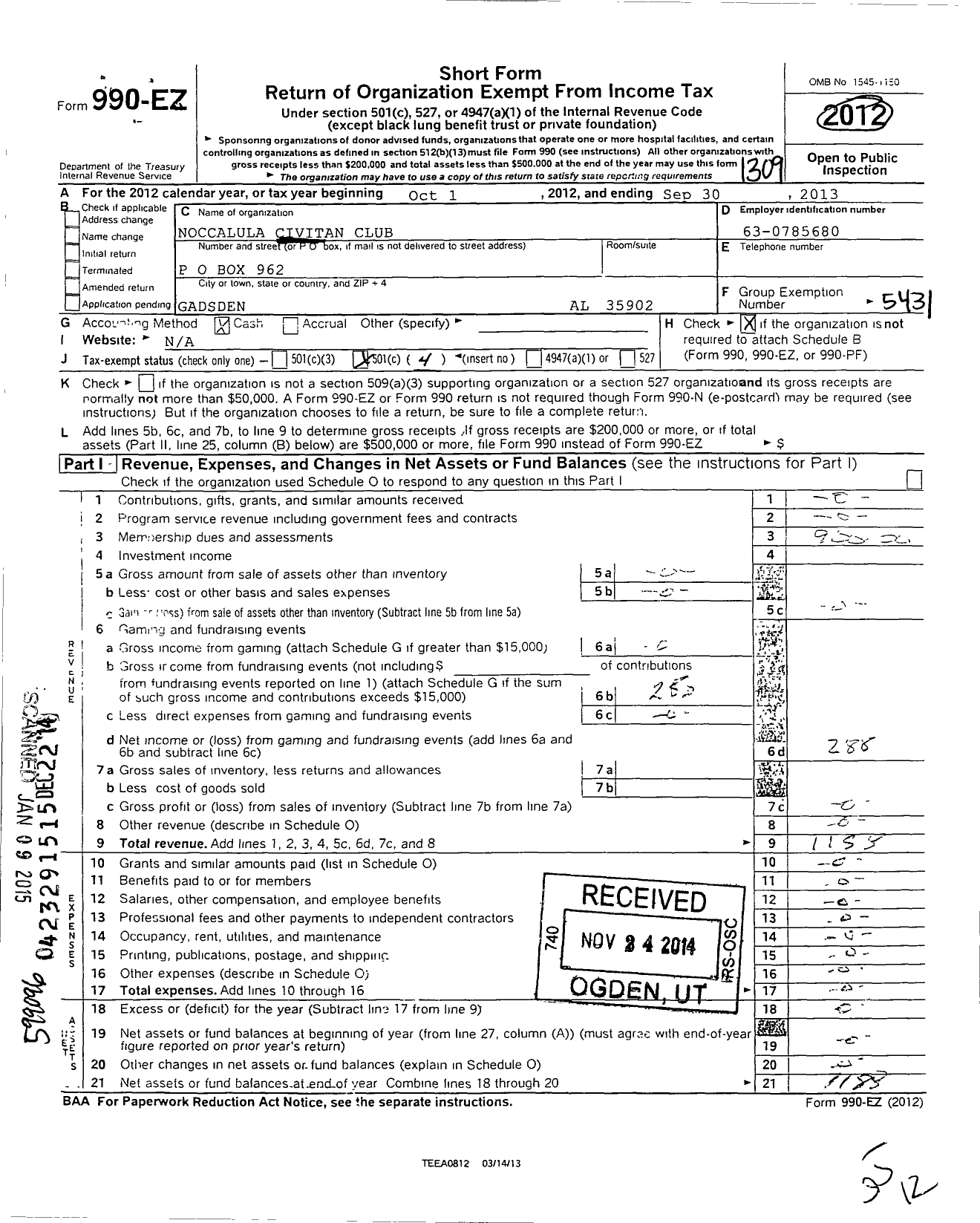 Image of first page of 2012 Form 990EO for Civitan International / Noccalula Rainbow City Gadsden Al