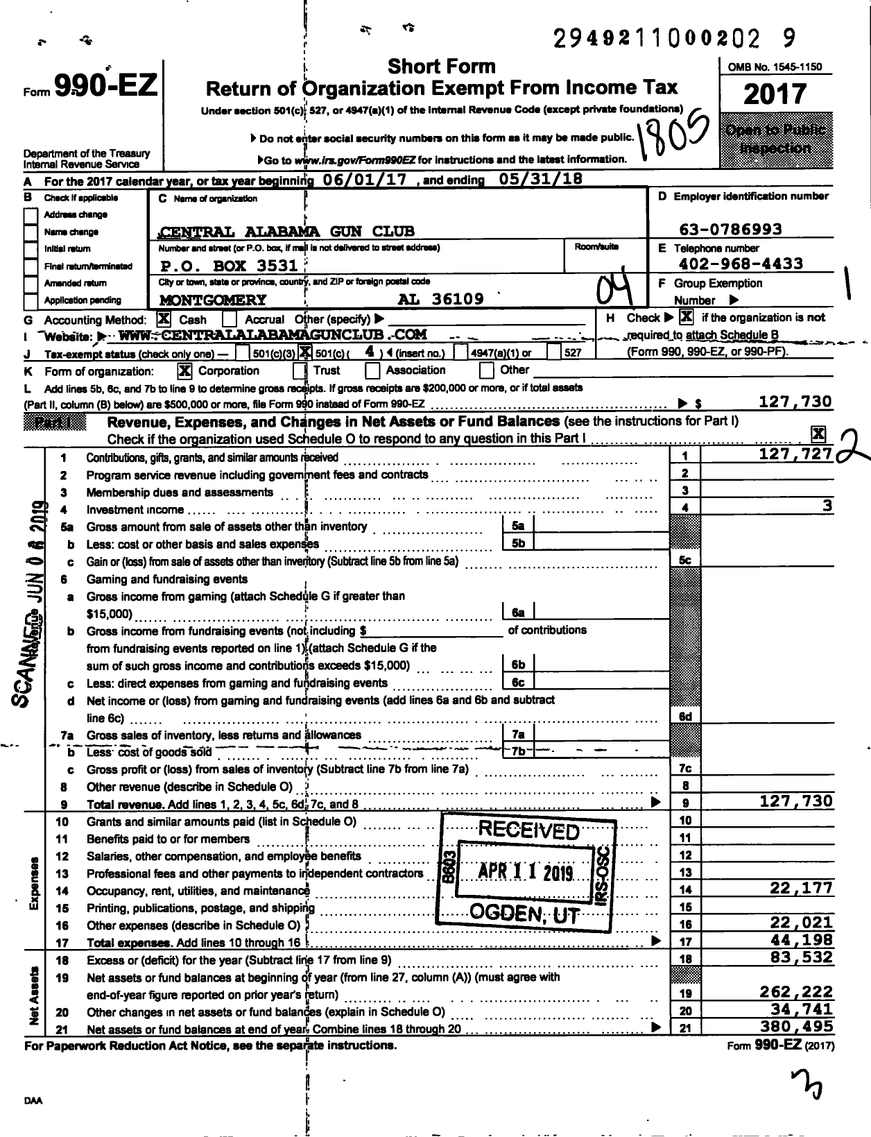 Image of first page of 2017 Form 990EO for Central Alabama Gun Club