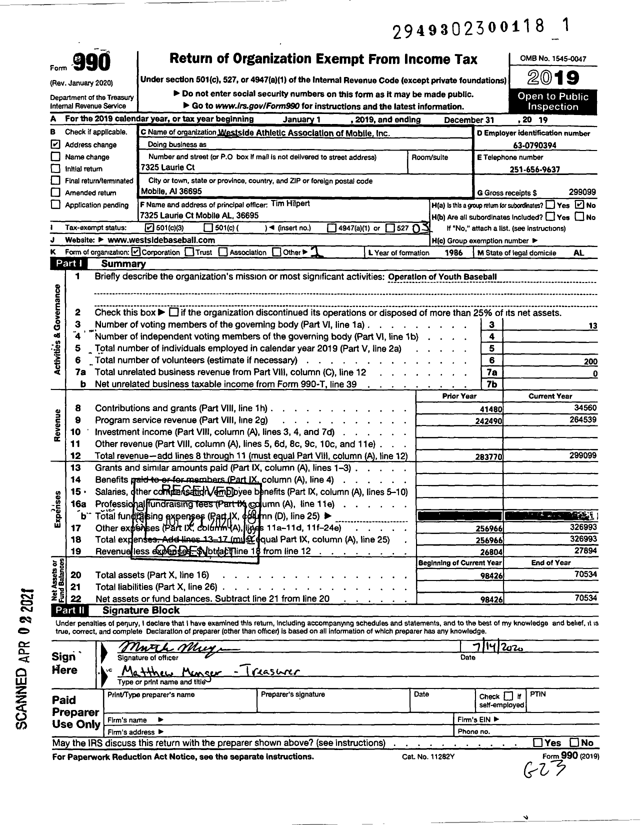 Image of first page of 2019 Form 990 for Westside Athletic Assocation of Mobile Alabama