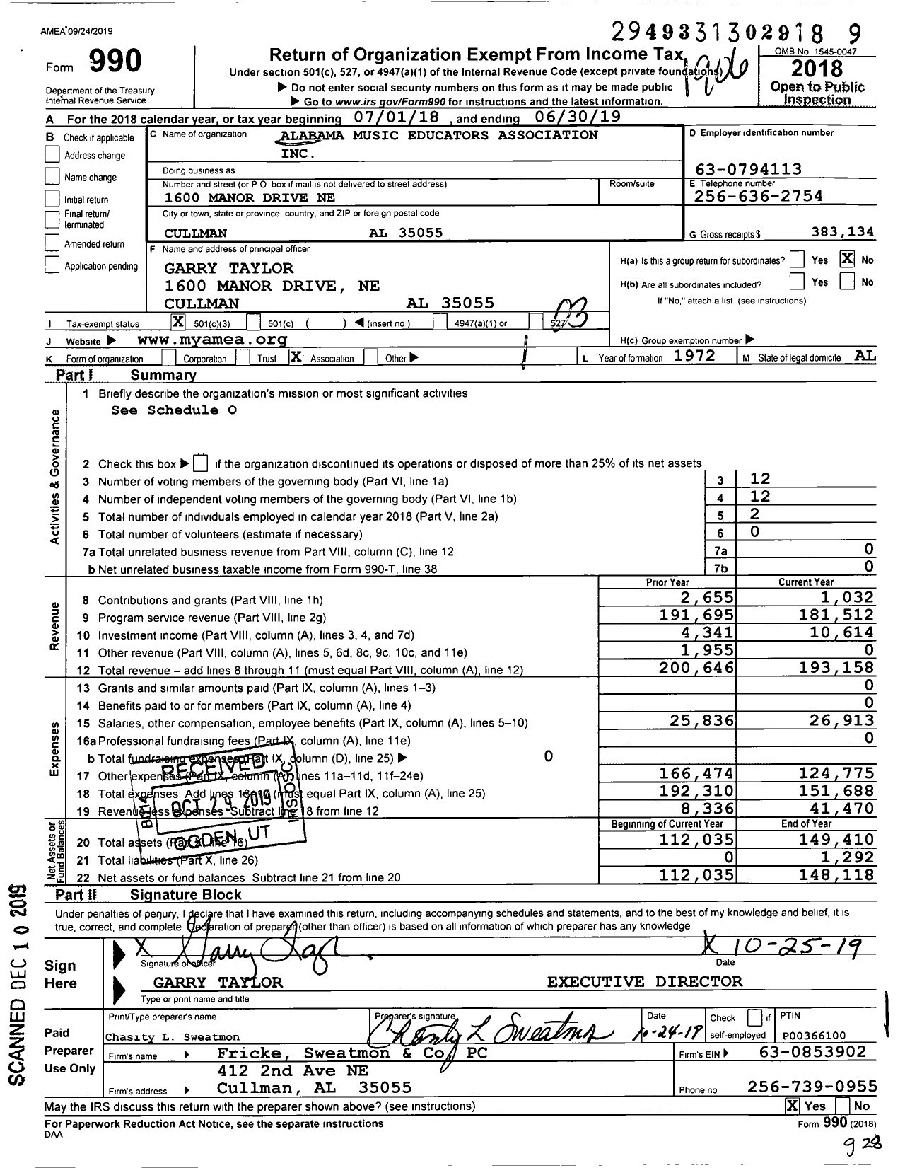 Image of first page of 2018 Form 990 for Alabama Music Educators Association